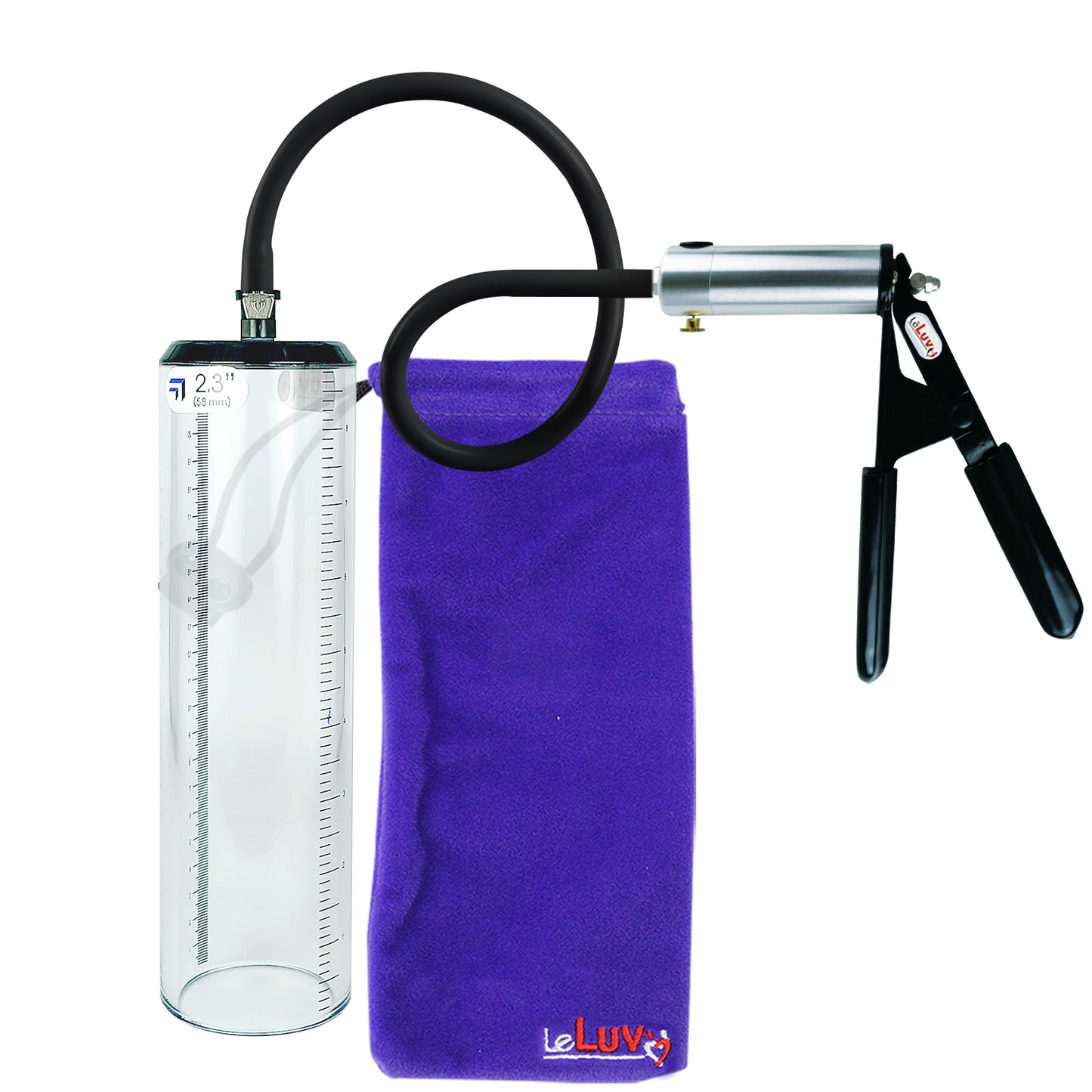 LeLuv Ultima Silver Black Penis Pump | Rubber Grip, Silicone Hose - 9" x 2.3" Thick-Walled Cylinder