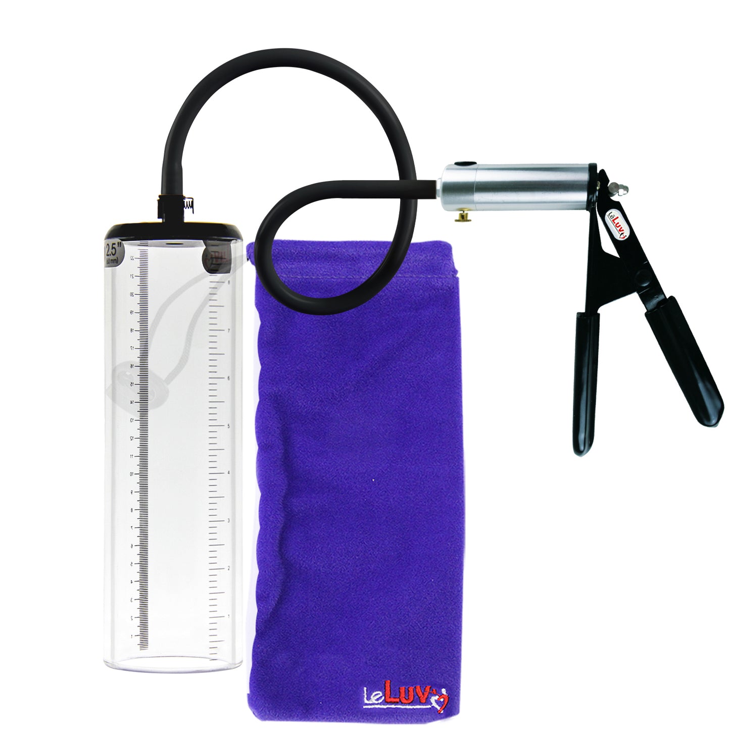 LeLuv Ultima Silver Black Penis Pump | Rubber Grip, Silicone Hose - 9" x 2.5" Thick-Walled Cylinder