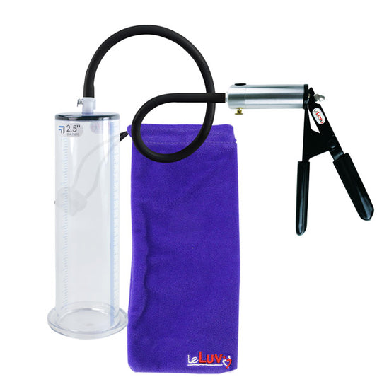 LeLuv Penis Pump - Silver Ultima Handle, Black Rubber Grip, Silicone Hose - Wide Flange Cylinders