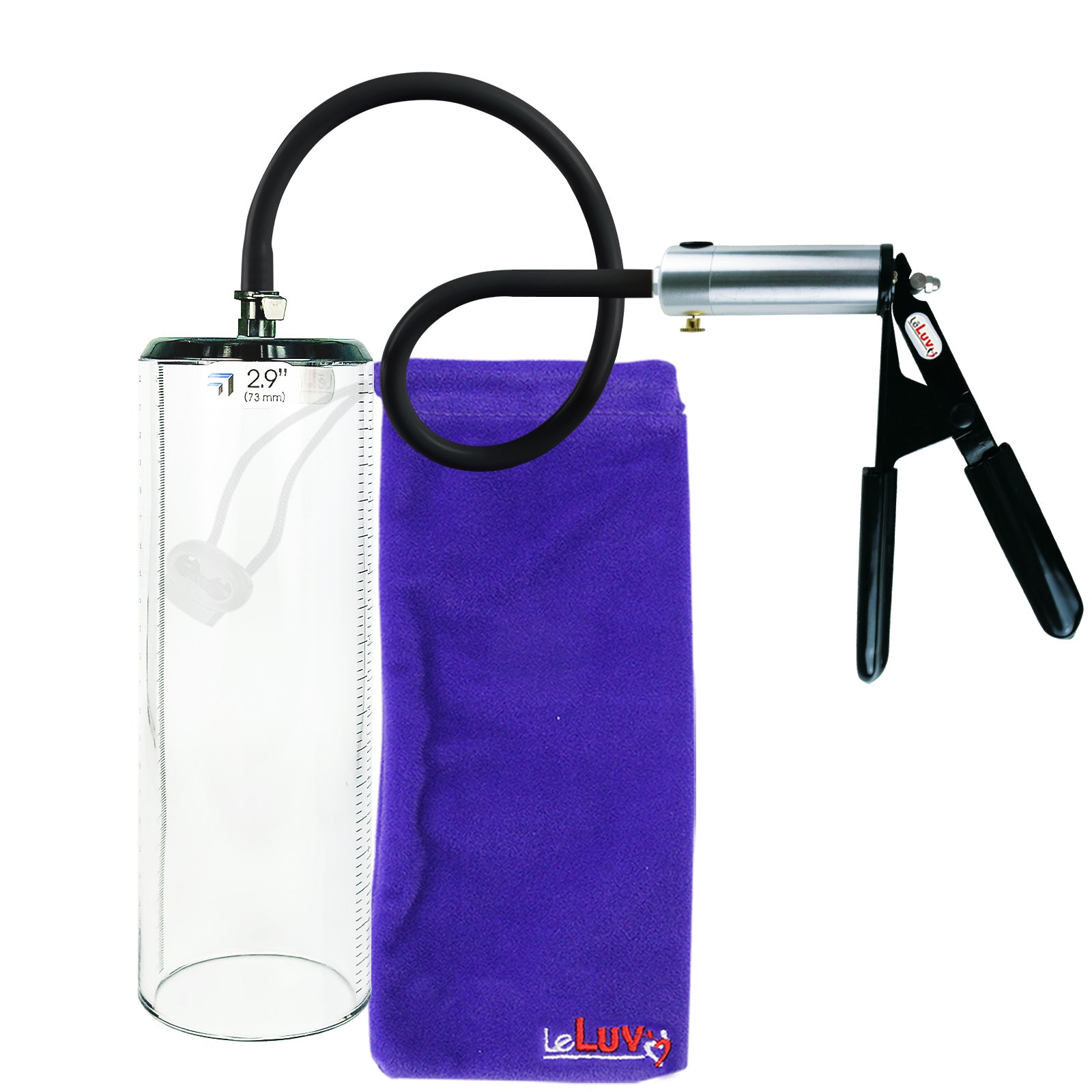 LeLuv Ultima Silver Black Penis Pump | Rubber Grip, Silicone Hose - 9" x 2.9" Thick-Walled Cylinder