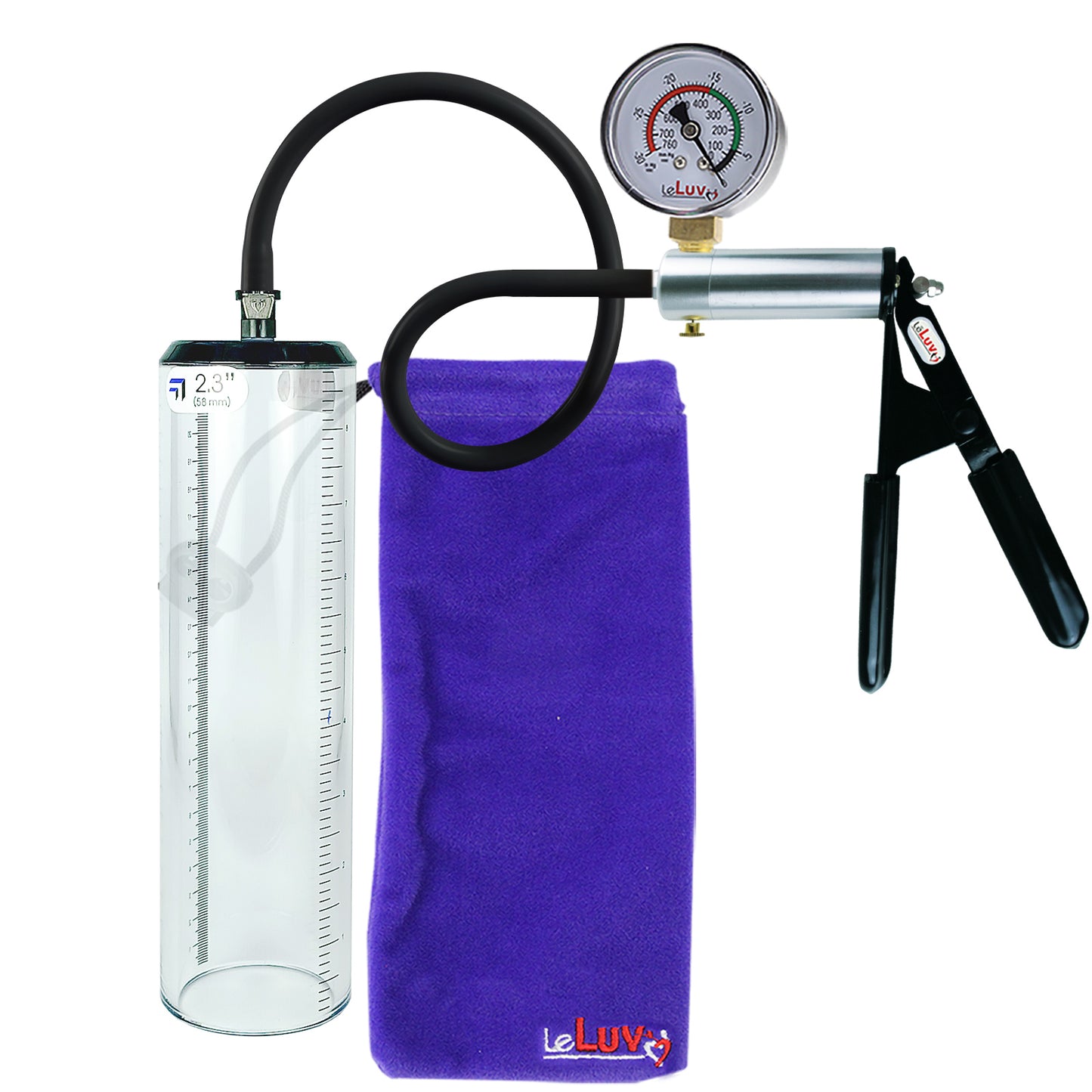 LeLuv Ultima Silver Black Penis Pump | Rubber Grip, Silicone Hose + Gauge | 9" x 2.3" Thick-Walled Cylinder