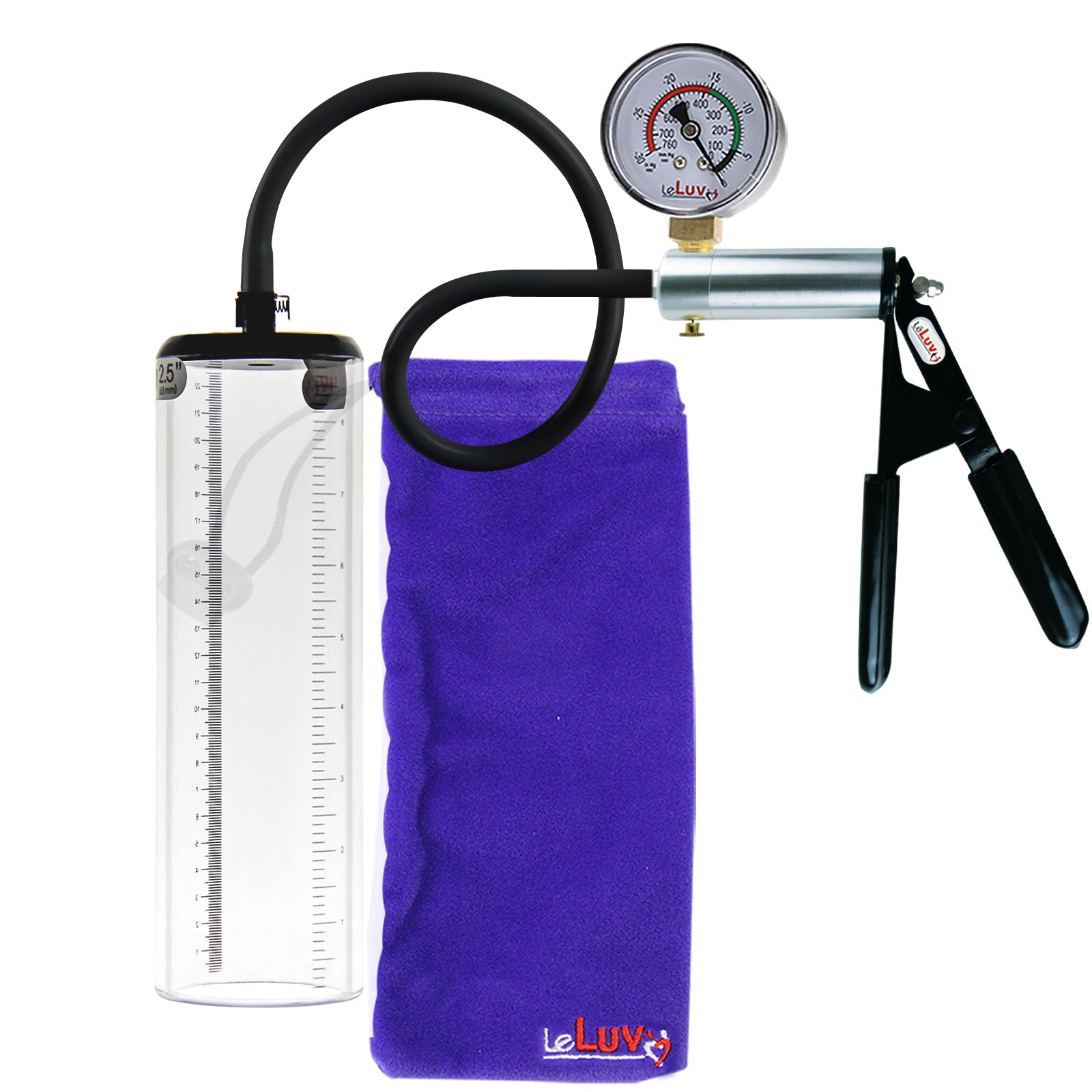 LeLuv Ultima Silver Black Penis Pump | Rubber Grip, Silicone Hose + Gauge | 9" x 2.5" Thick-Walled Cylinder