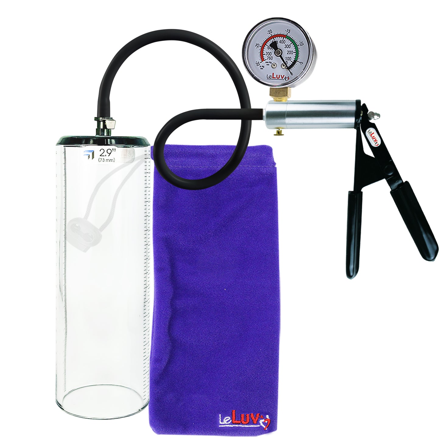 LeLuv Ultima Silver Black Penis Pump | Rubber Grip, Silicone Hose + Gauge | 9" x 2.9" Thick-Walled Cylinder