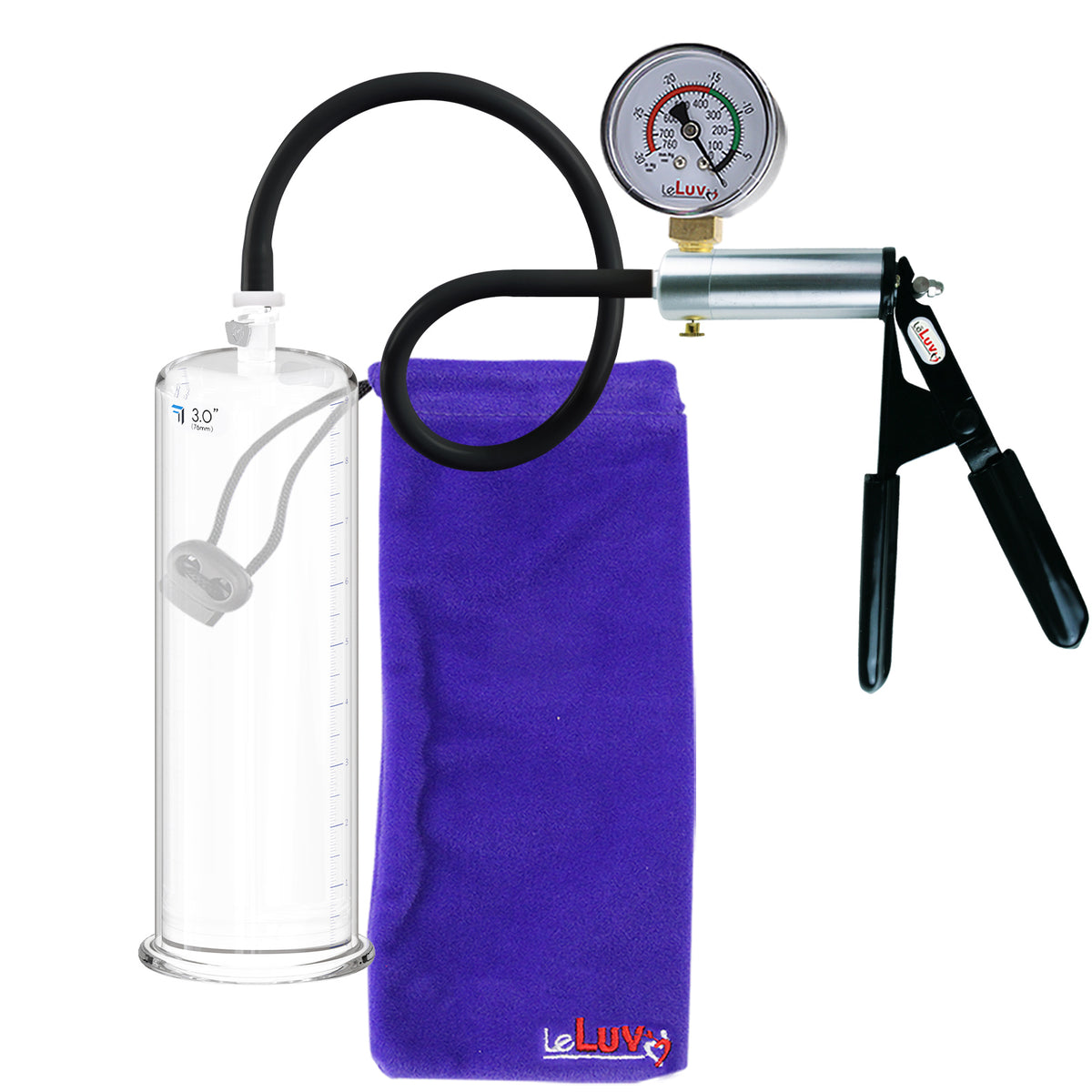 LeLuv Ultima Silver Black Penis Pump | Rubber Grip, Silicone Hose + Gauge | 9" x 3.00" Cylinder 