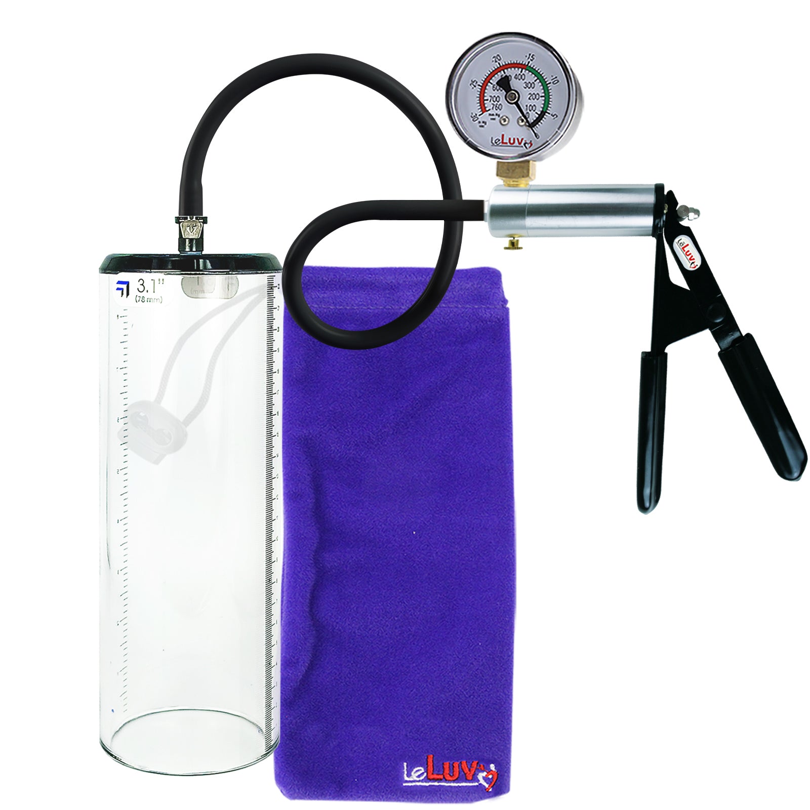 LeLuv Ultima Silver Black Penis Pump | Rubber Grip, Silicone Hose + Gauge | 9" x 3.1" Thick-Walled Cylinder