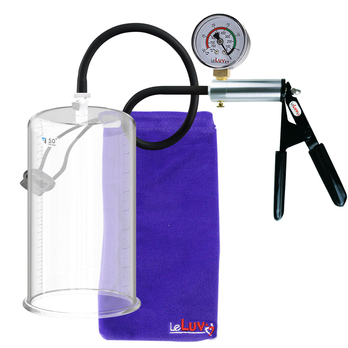 LeLuv Ultima Silver Black Penis Pump | Rubber Grip, Silicone Hose + Gauge | 9" x 5.00" Cylinder 