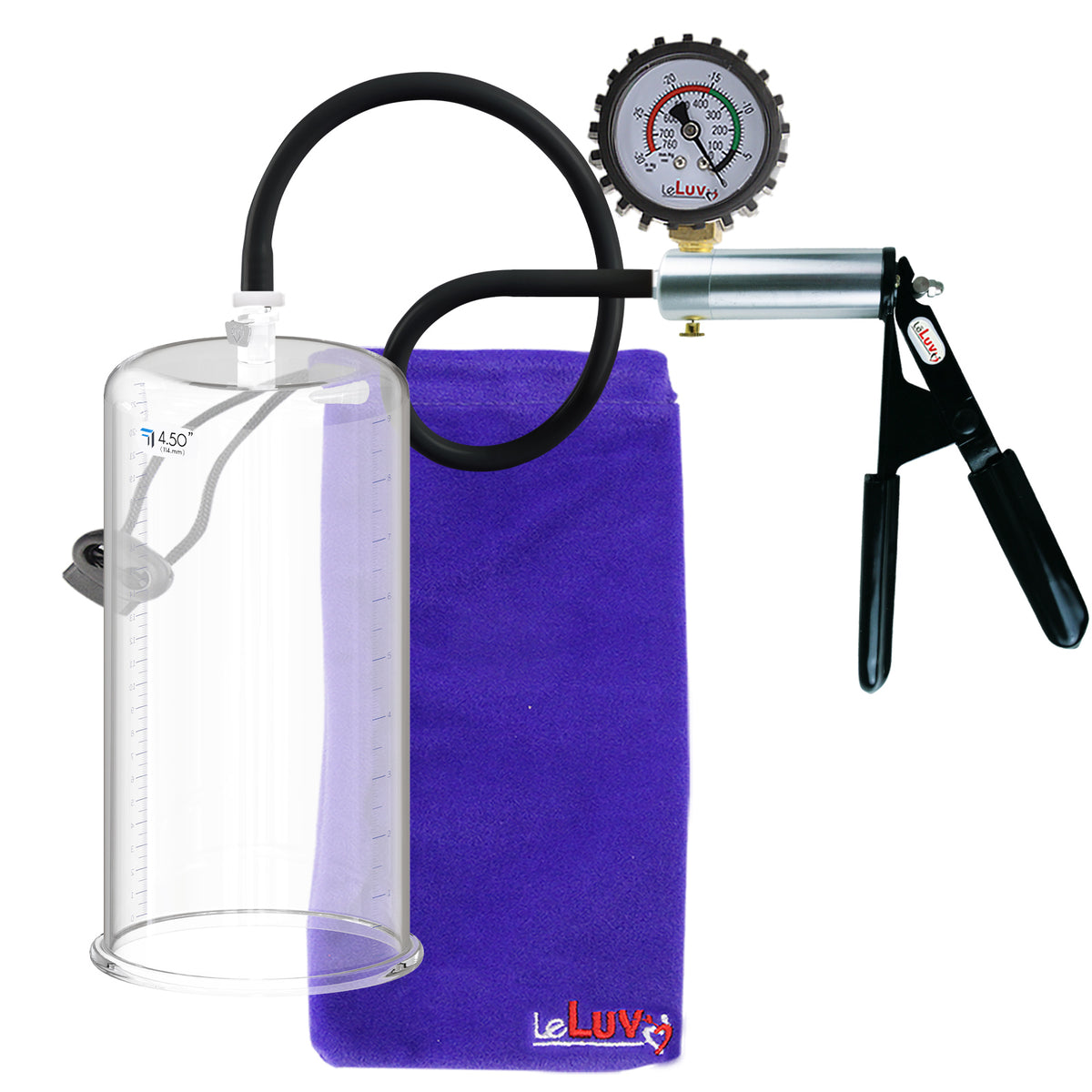 LeLuv Ultima Silver Black Penis Pump | Rubber Grip, Silicone Hose + Protected Gauge | 9" x 4.50" Cylinder