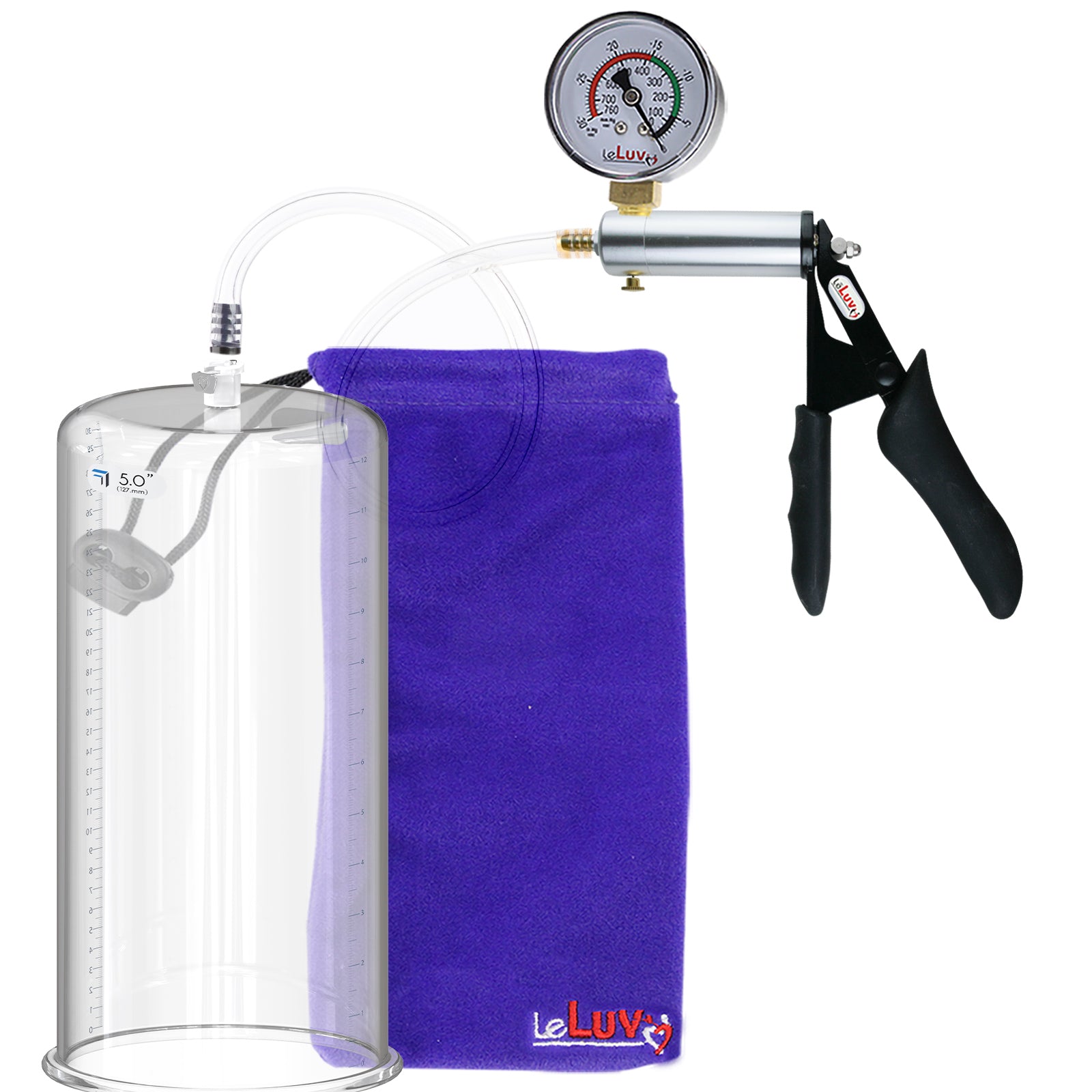 Ultima Silver Black Penis Pump | Silicone Grip, Clear Hose + Guage | 12" x  5.00" Cylinder 