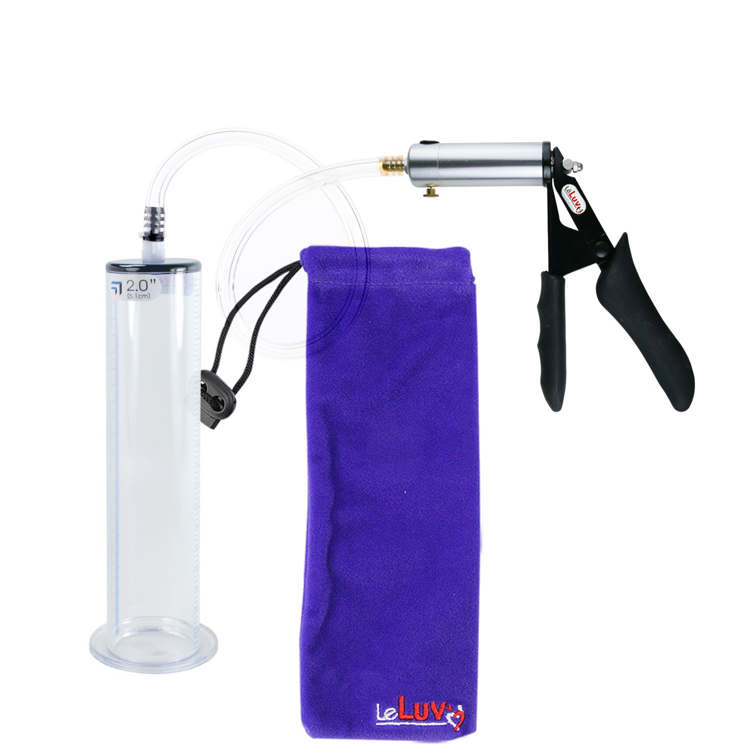 LeLuv Penis Pump - Ultima Silver Handle, Black Silicone Grips, Clear Hose - Wide Flange Cylinders