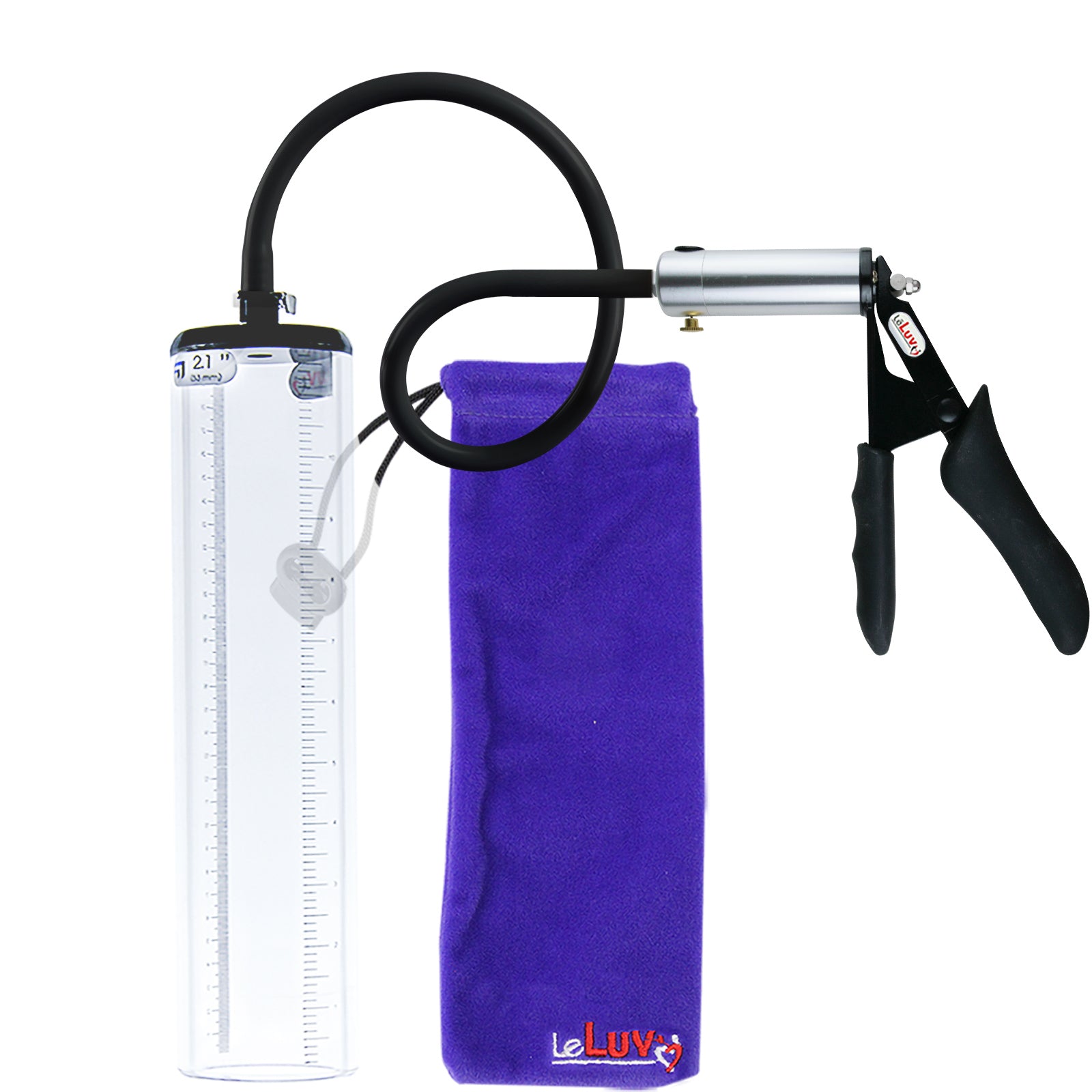 LeLuv Ultima Silver Black Penis Pump | Silicone Grip, Silicone Hose - 12" x 2.1" Thick-Walled Cylinder