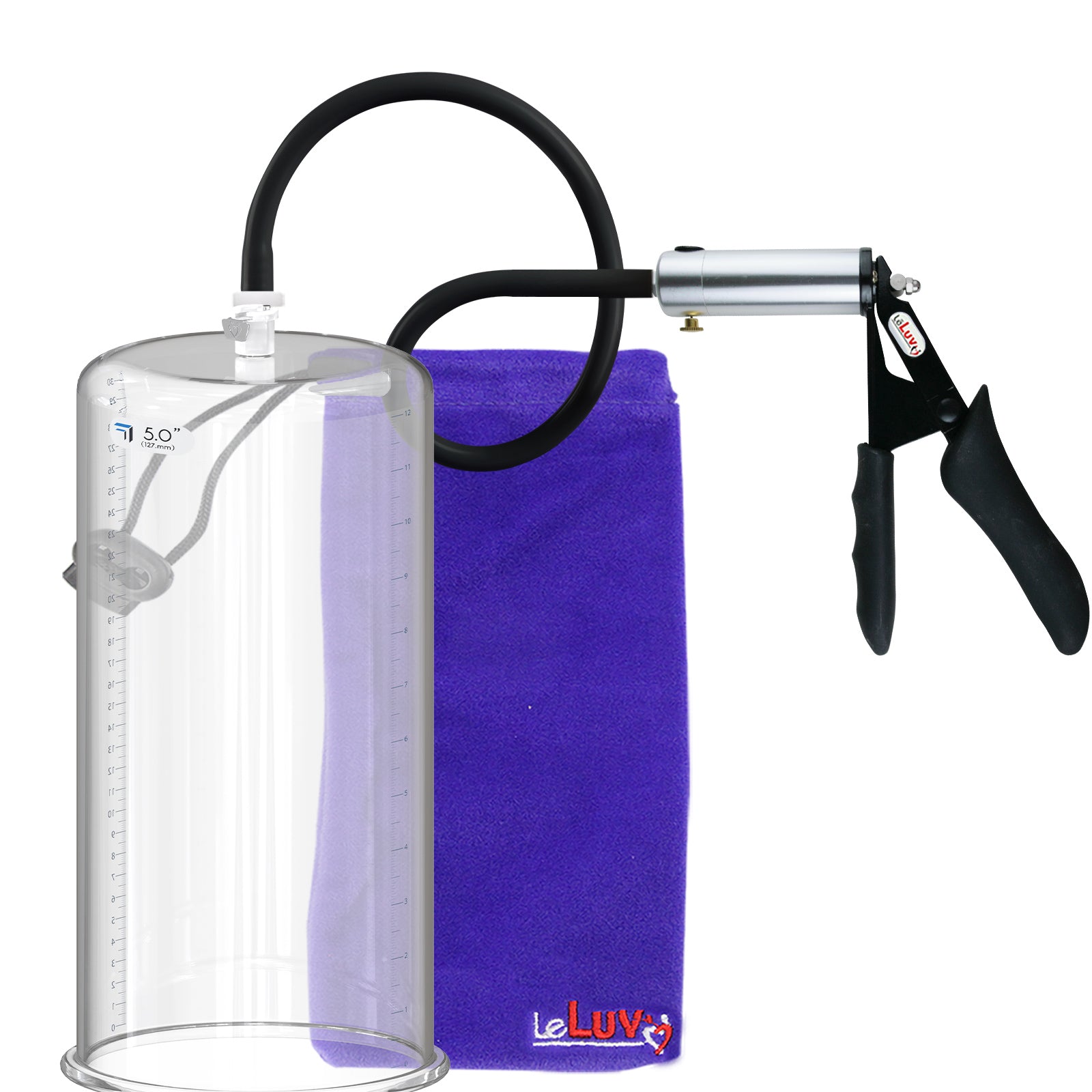 LeLuv Ultima Silver Black Penis Pump | Silicone Grip, Silicone Hose | 12" x  5.00" Cylinder 