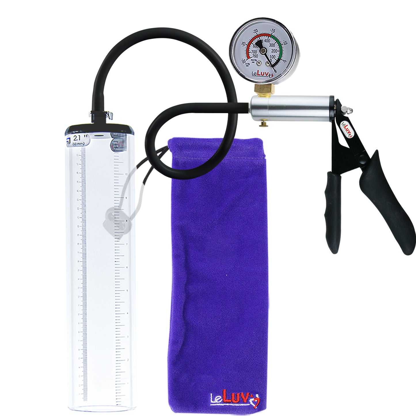 LeLuv Ultima Silver Black Penis Pump | Silicone Grip, Silicone Hose + Gauge | 12" x 2.1" Thick-Walled Cylinder
