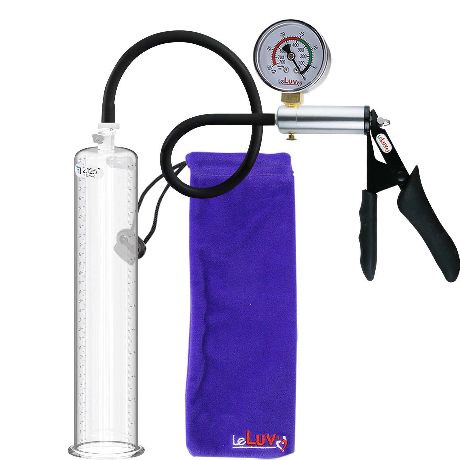 LeLuv Ultima Silver Black Penis Pump | Silicone Grip, Silicone Hose + Gauge | 12" x 2.125" Cylinder