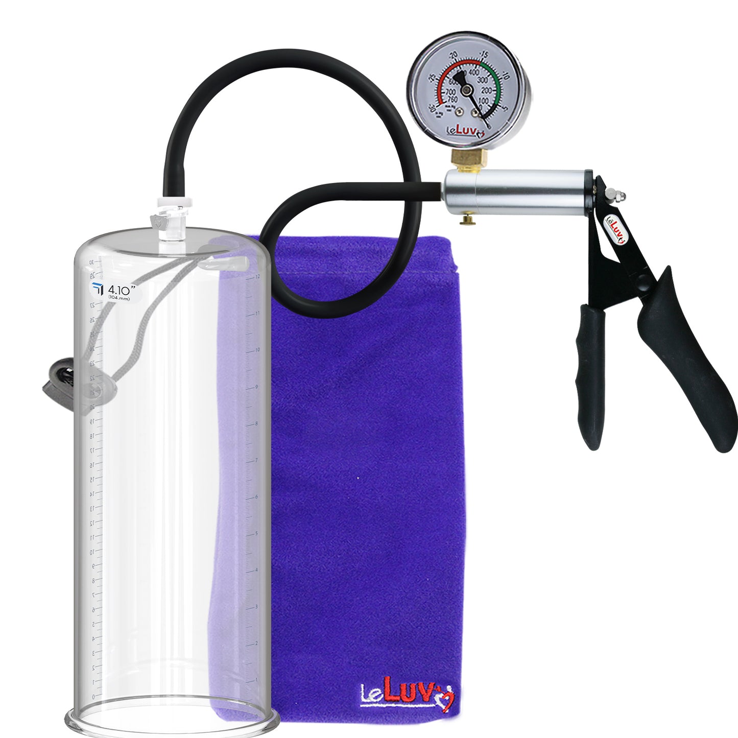 LeLuv Ultima Silver Black Penis Pump | Silicone Grip, Silicone Hose + Guage | 12" x 4.10" Cylinder  