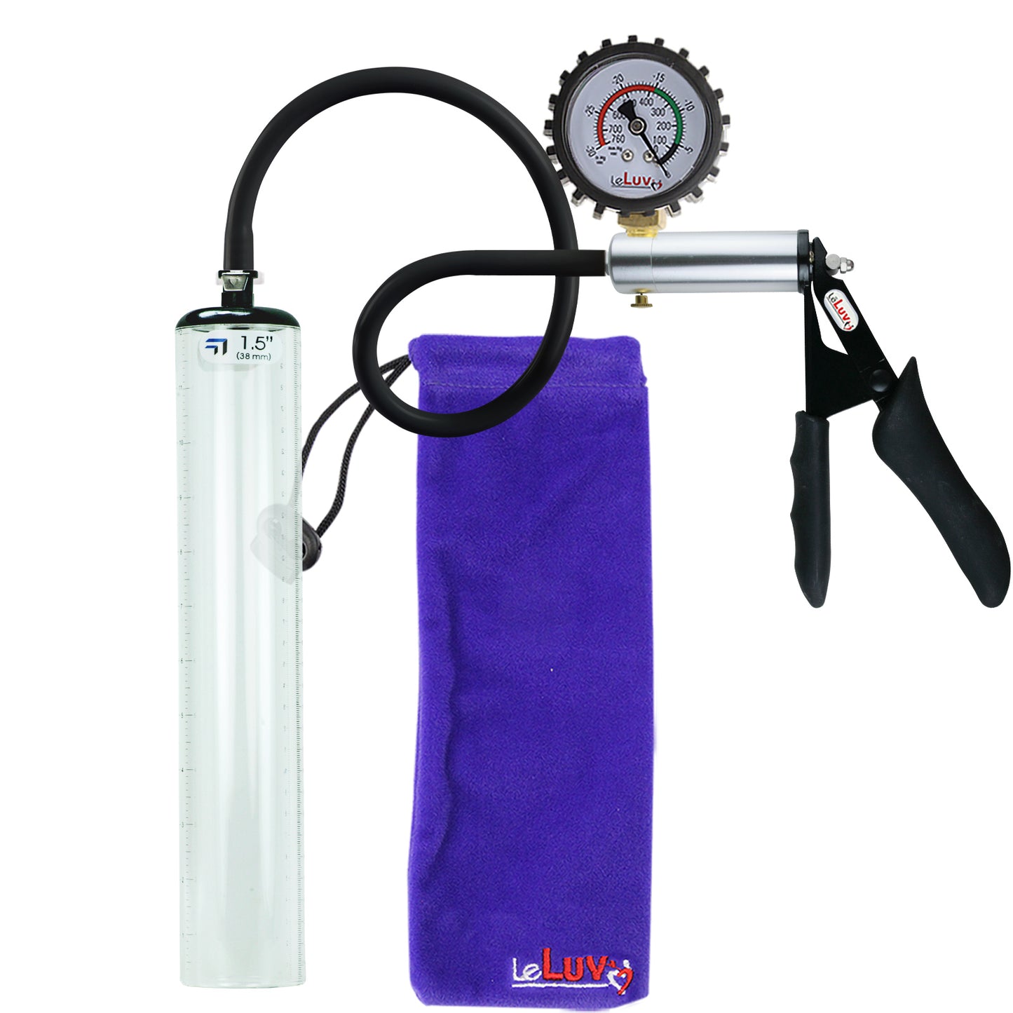 LeLuv Ultima Silver Black Penis Pump | Silicone Grip, Silicone Hose + Protected Gauge | 12" x 1.5" Thick-Walled Cylinder