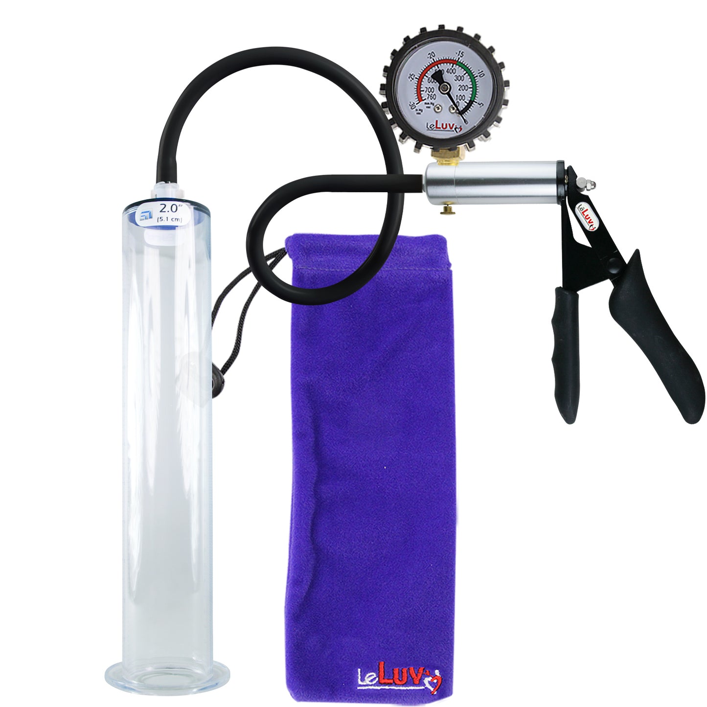 LeLuv Ultima Silver Black Penis Pump | Silicone Grip, Silicone Hose + Protected Gauge | 12" x 2.00" Wide Flange Cylinder