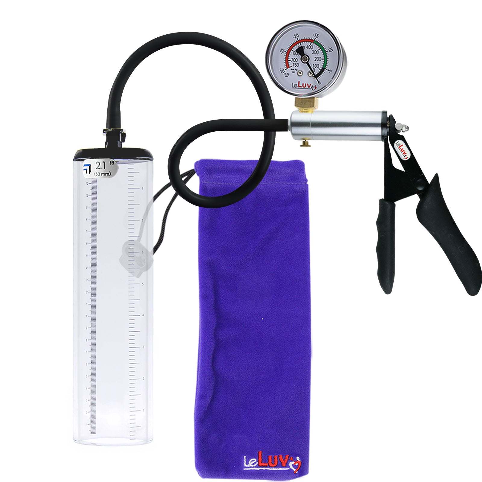LeLuv Ultima Silver Black Penis Pump | Silicone Grip, Silicone Hose + Gauge | 9" x 2.1" Thick-Walled Cylinder