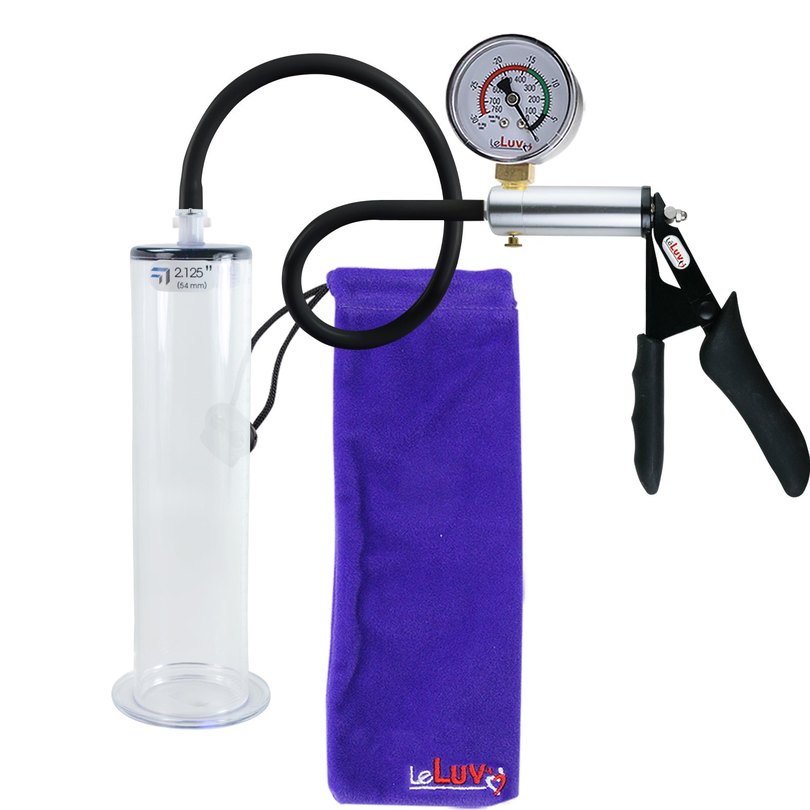 LeLuv Ultima Silver Black Penis Pump | Silicone Grip, Silicone Hose + Gauge | 9" x 2.125" Wide Flange Cylinder