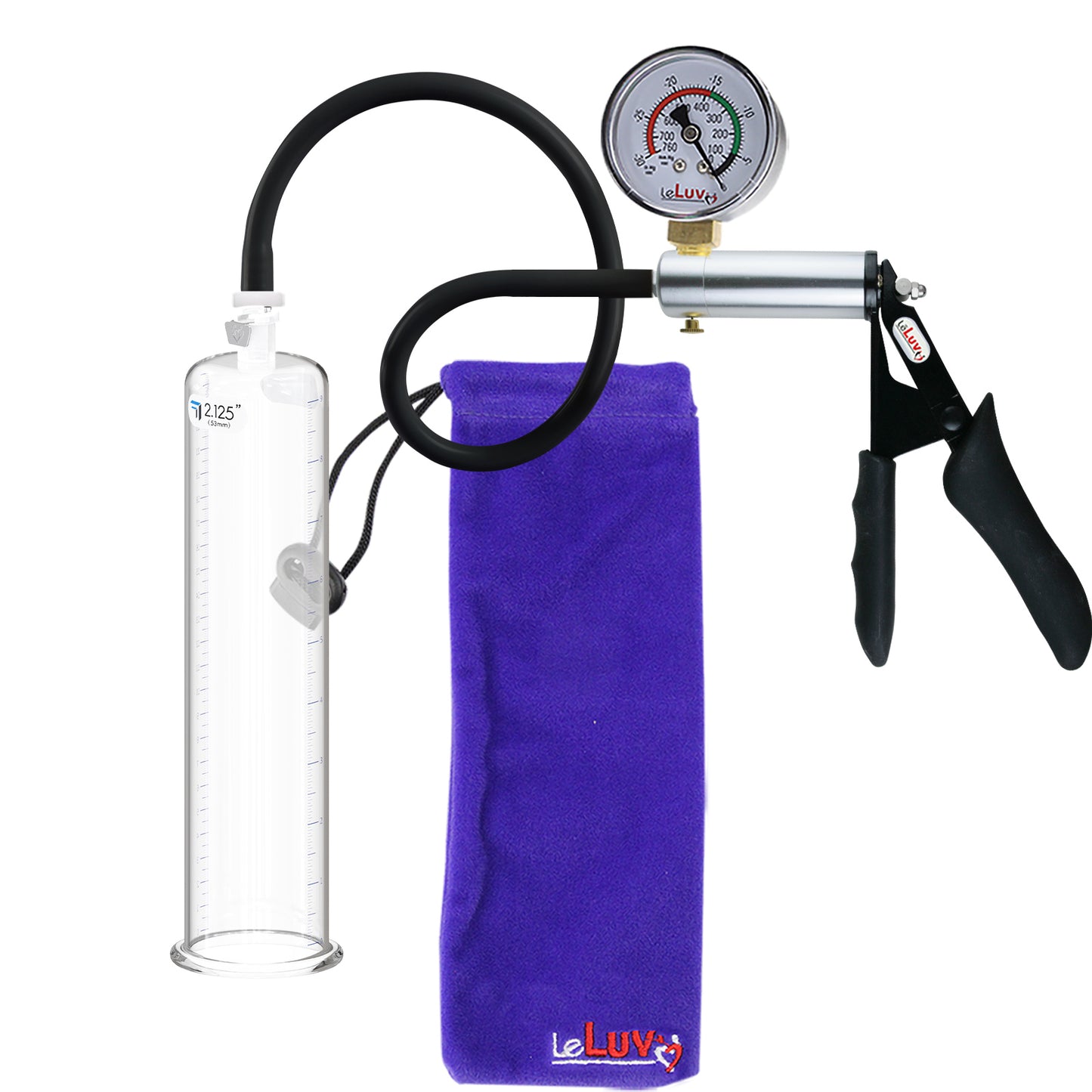 LeLuv Ultima Silver Black Penis Pump | Silicone Grip, Silicone Hose + Gauge | 9" x 2.125" Cylinder