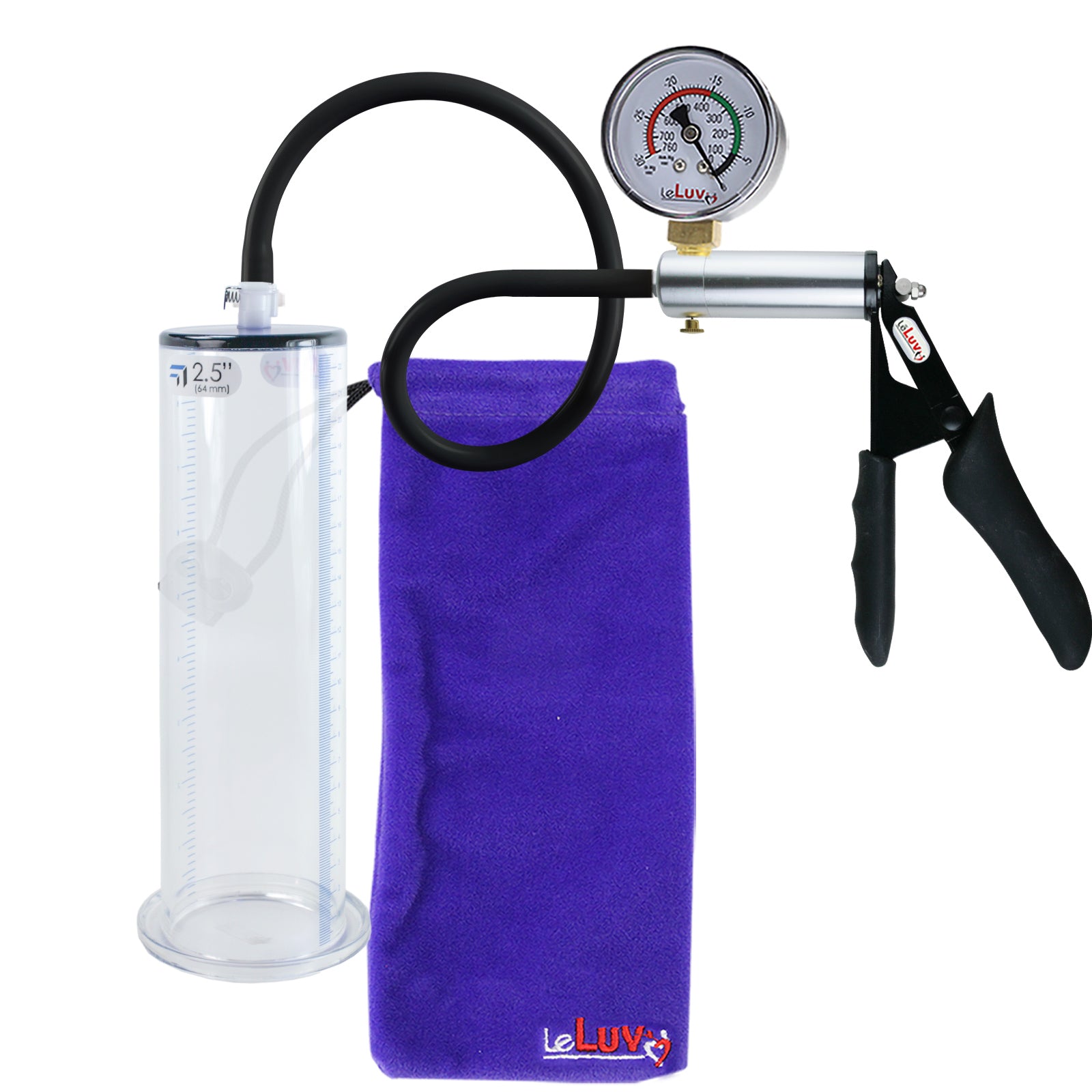 LeLuv Ultima Silver Black Penis Pump | Silicone Grip, Silicone Hose + Gauge | 9" x 2.50" Wide Flange Cylinder