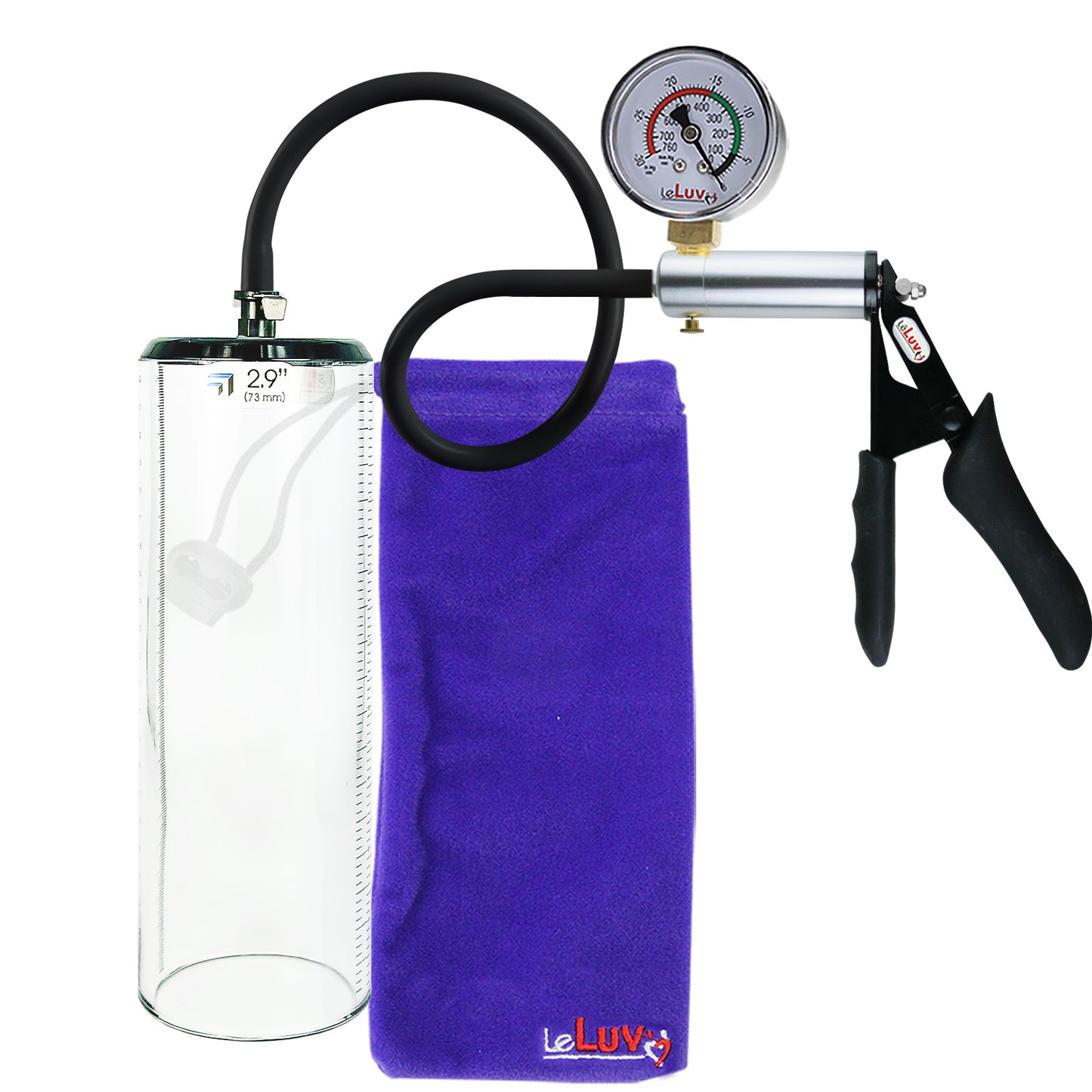 LeLuv Ultima Silver Black Penis Pump | Silicone Grip, Silicone Hose + Gauge | 9" x 2.9" Thick-Walled Cylinder