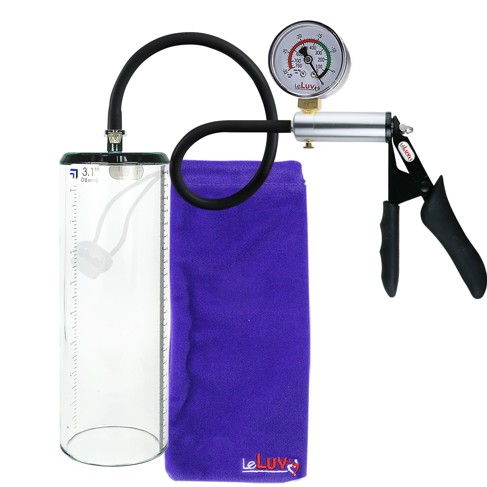 LeLuv Ultima Silver Black Penis Pump | Silicone Grip, Silicone Hose + Gauge | 9" x 3.1" Thick-Walled Cylinder