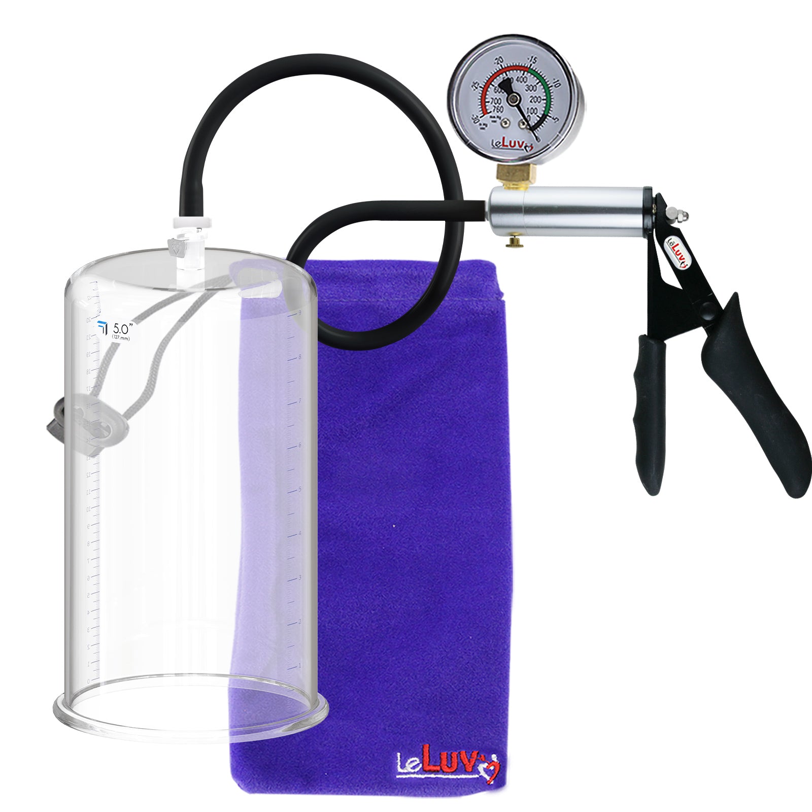 LeLuv Ultima Silver Black Penis Pump | Silicone Grip, Silicone Hose + Guage | 9" x  5.00" Cylinder 