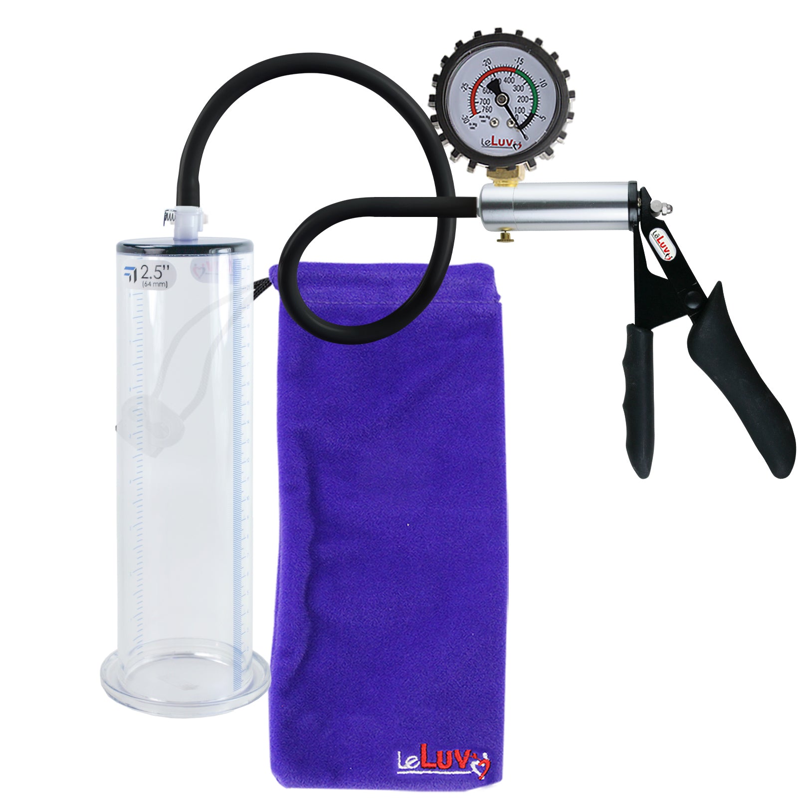 LeLuv Ultima Silver Black Penis Pump | Silicone Grip, Silicone Hose + Protected Gauge | 9" x 2.50" Wide Flange Cylinder