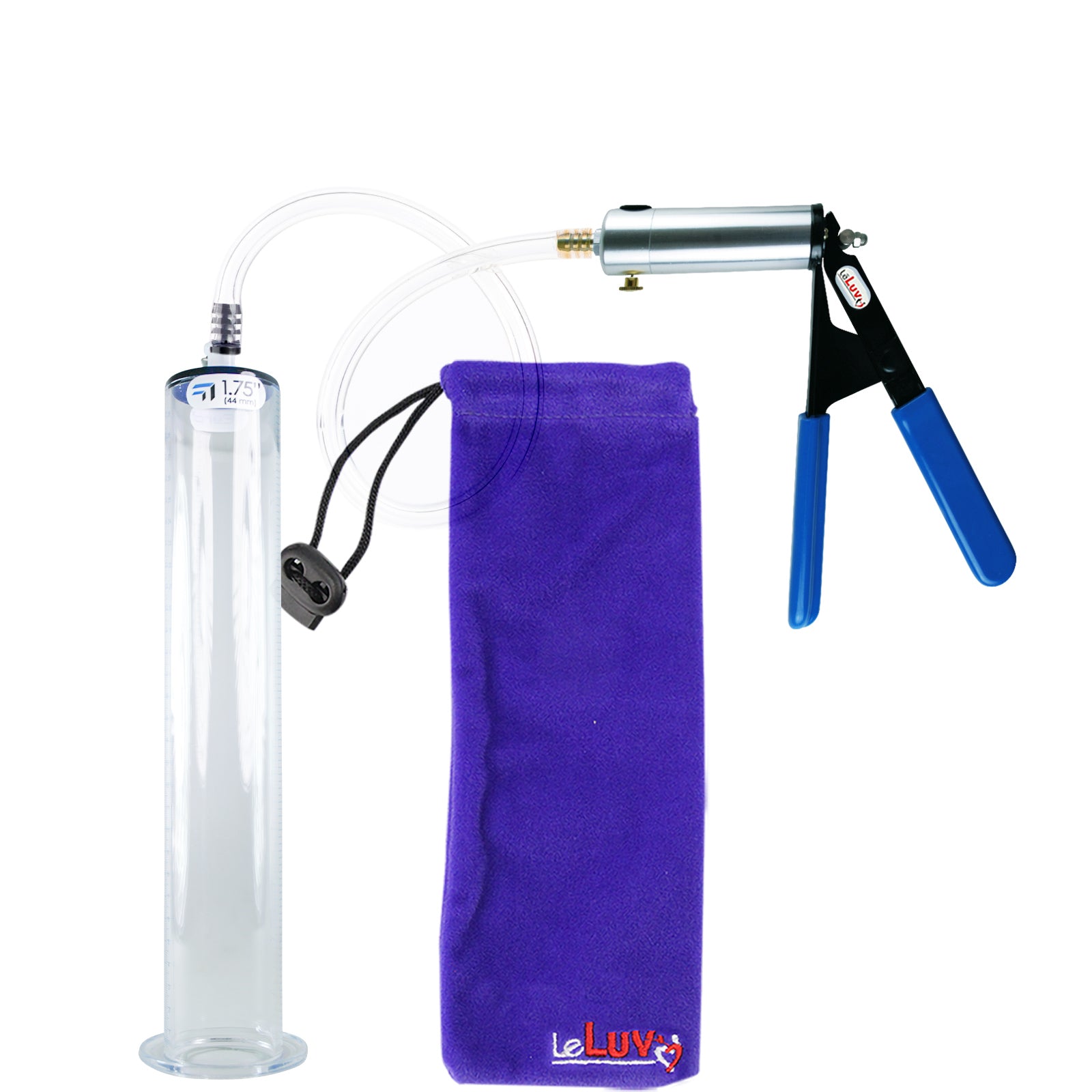 Ultima Silver Blue Penis Pump | Rubber Grip, Clear Hose | 12" Length - 1.75" Diameter WIDE FLANGE Cylinder