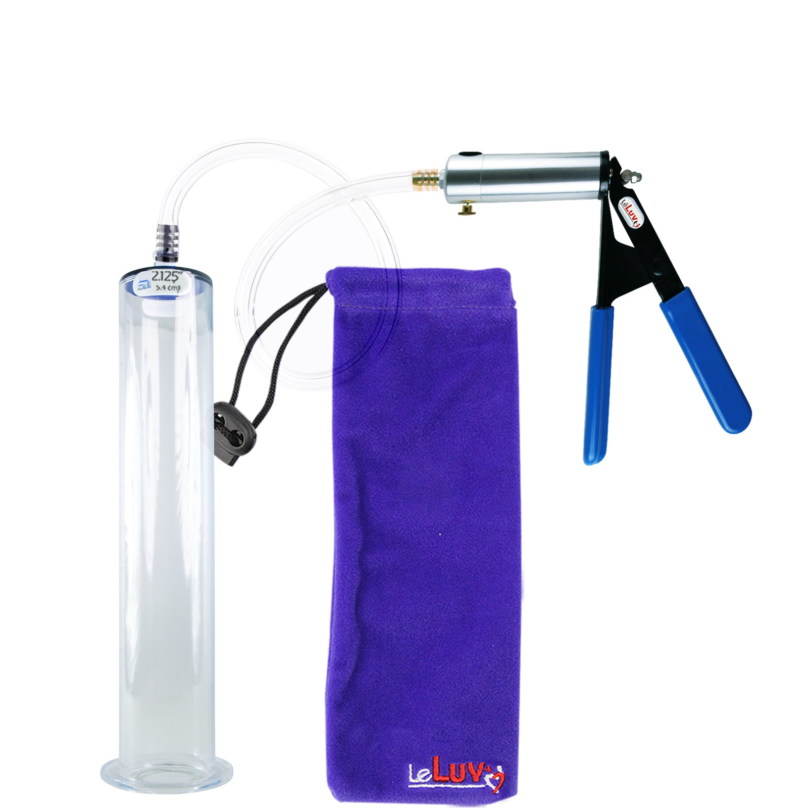 Ultima Silver Blue Penis Pump | Rubber Grip, Clear Hose | 12" Length - 2.125" Diameter WIDE FLANGE Cylinder
