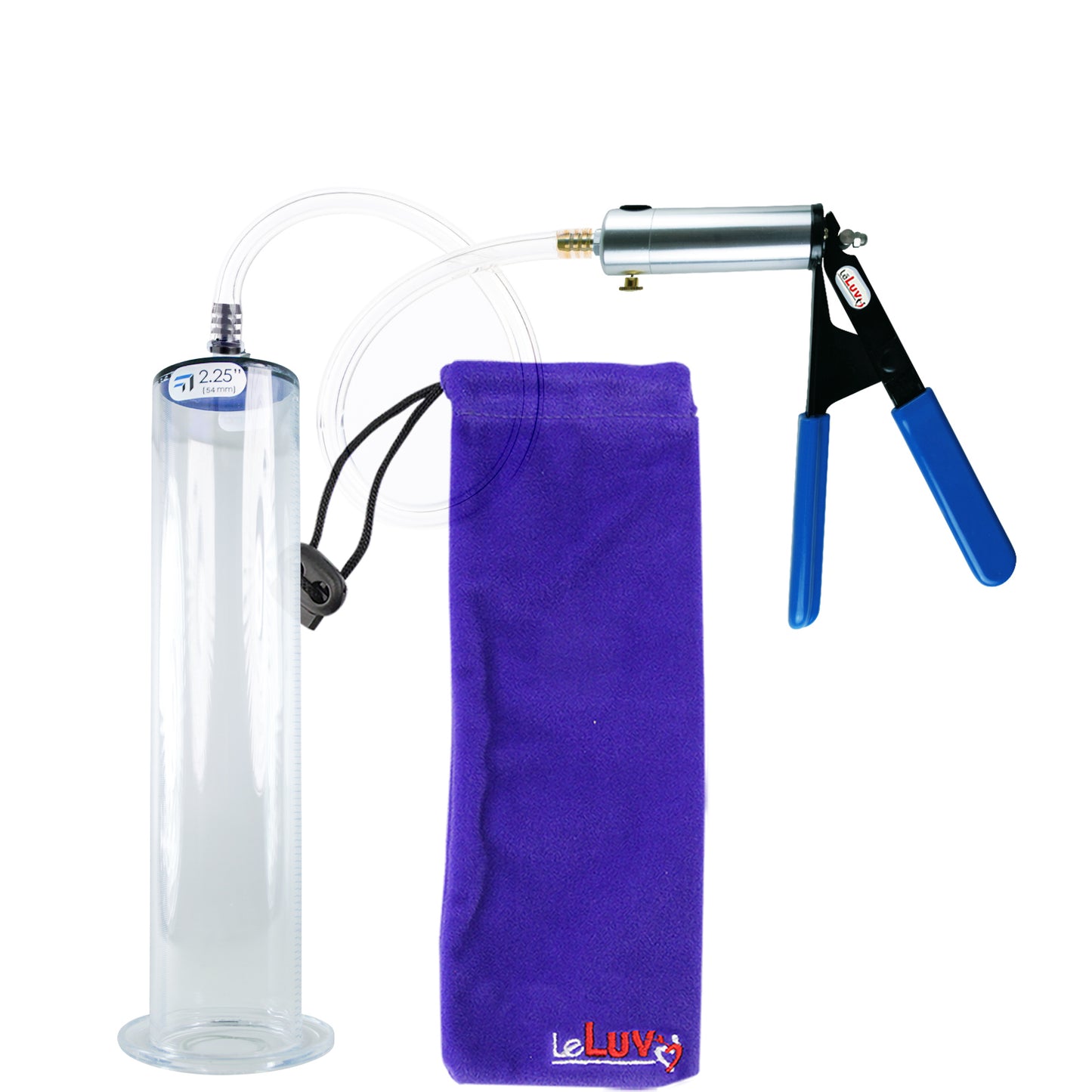 Ultima Silver Blue Penis Pump | Rubber Grip, Clear Hose | 12" Length - 2.25" Diameter WIDE FLANGE Cylinder