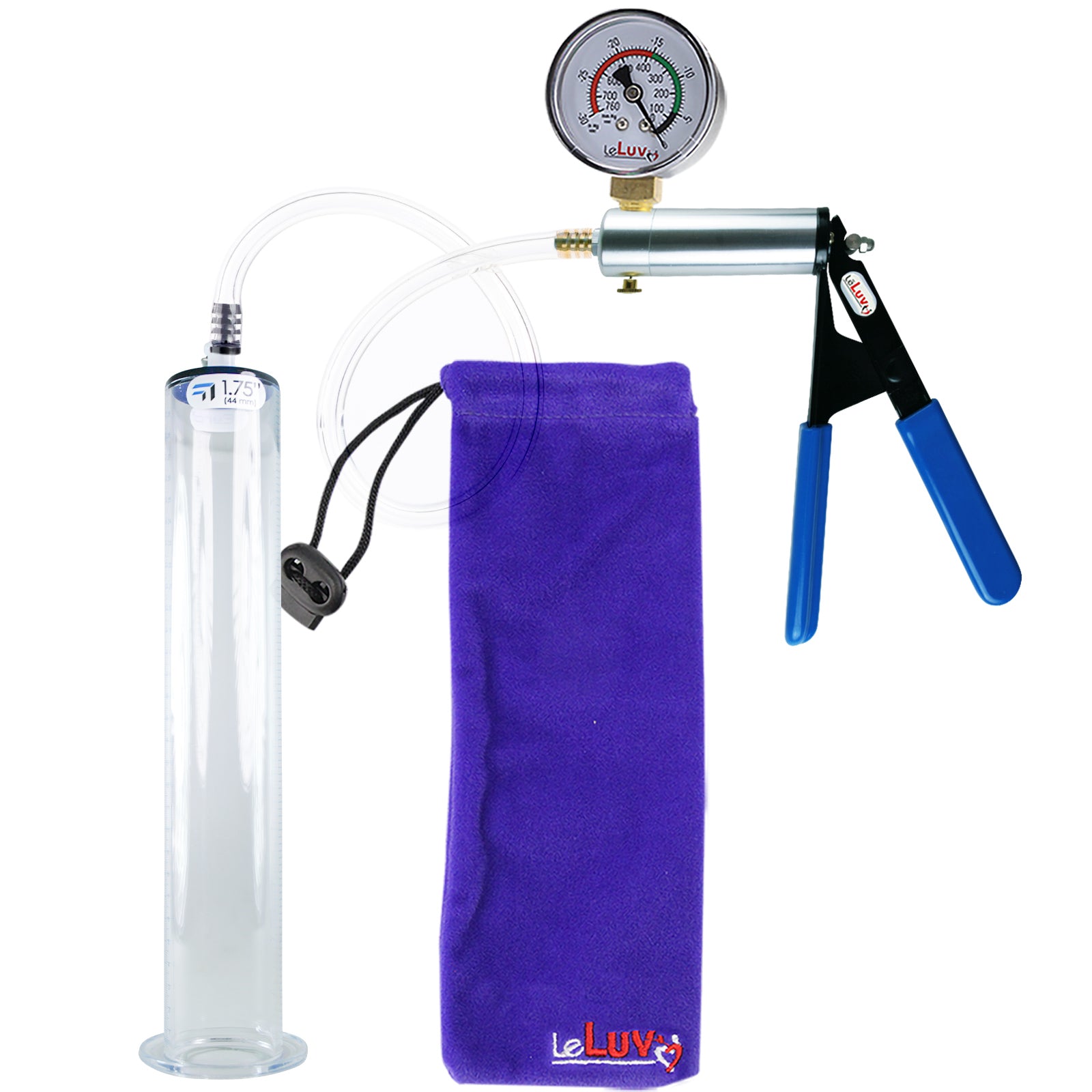 Ultima Silver Blue Penis Pump | Rubber Grip, Clear Hose + Gauge | 12" Length - 1.75" Diameter WIDE FLANGE Cylinder