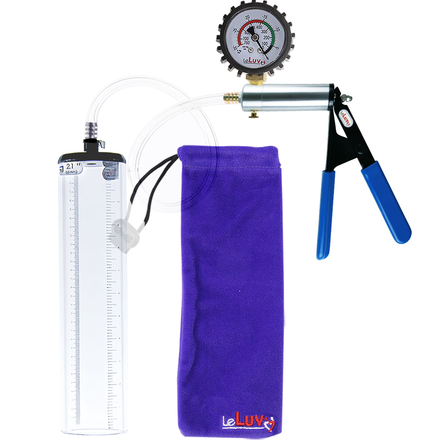 LeLuv Ultima Penis Pump - Silver Handle with Blue Rubber Grips, Clear Hose - Thick Walled Cylinders