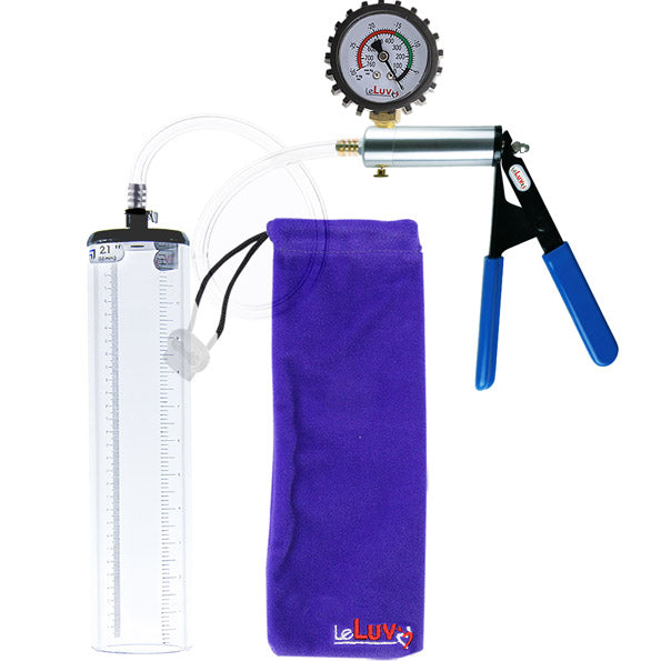 LeLuv Ultima Penis Pump - Silver Handle with Blue Rubber Grips, Clear Hose - Thick Walled Cylinders