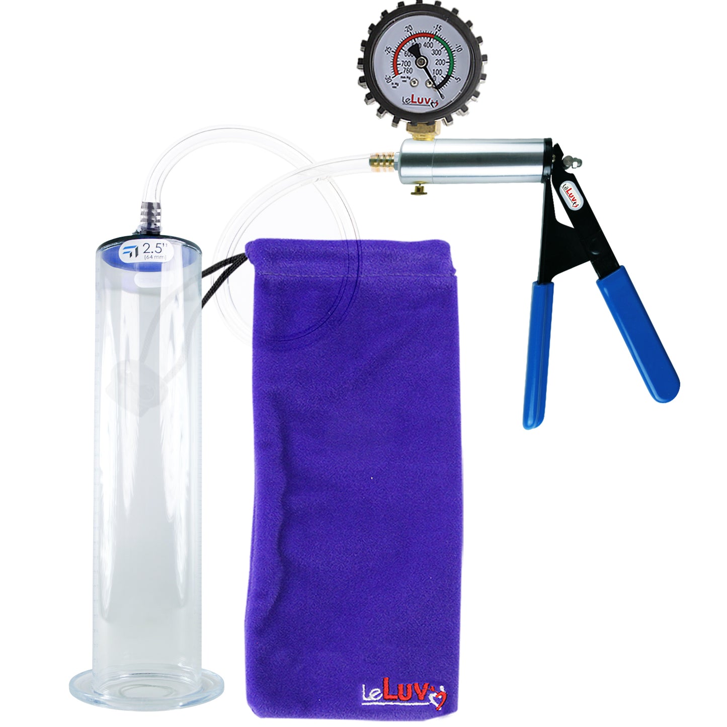 Ultima Silver Blue Penis Pump | Rubber Grip, Clear Hose + Protected Gauge | 12" Length - 2.50" Diameter WIDE FLANGE Cylinder
