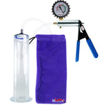 Ultima Silver Blue Penis Pump | Rubber Grip, Clear Hose + Protected Gauge | 12" Length - 2.50" Diameter WIDE FLANGE Cylinder