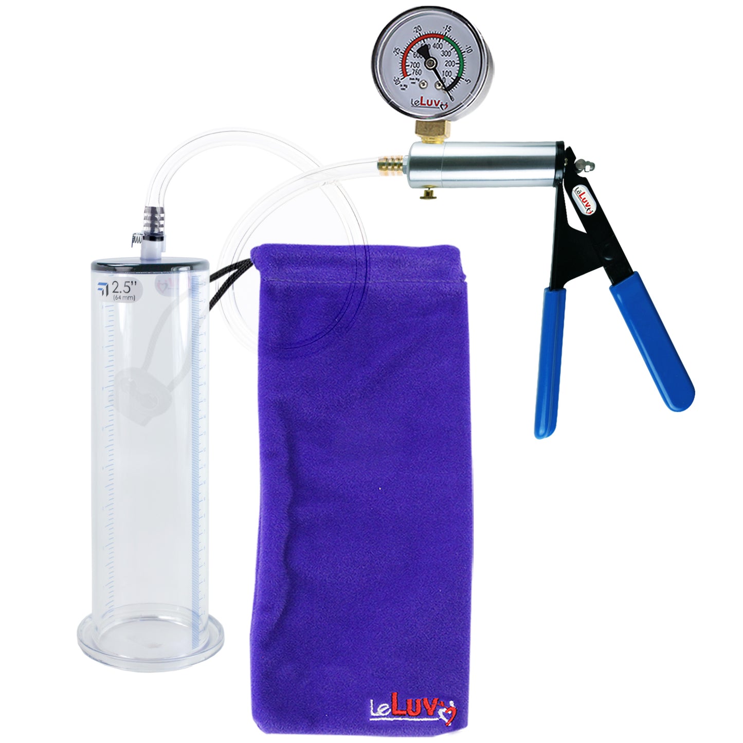 Ultima Silver Blue Penis Pump | Rubber Grip, Clear Hose + Gauge | 9" Length - 2.50" Diameter WIDE FLANGE Cylinder