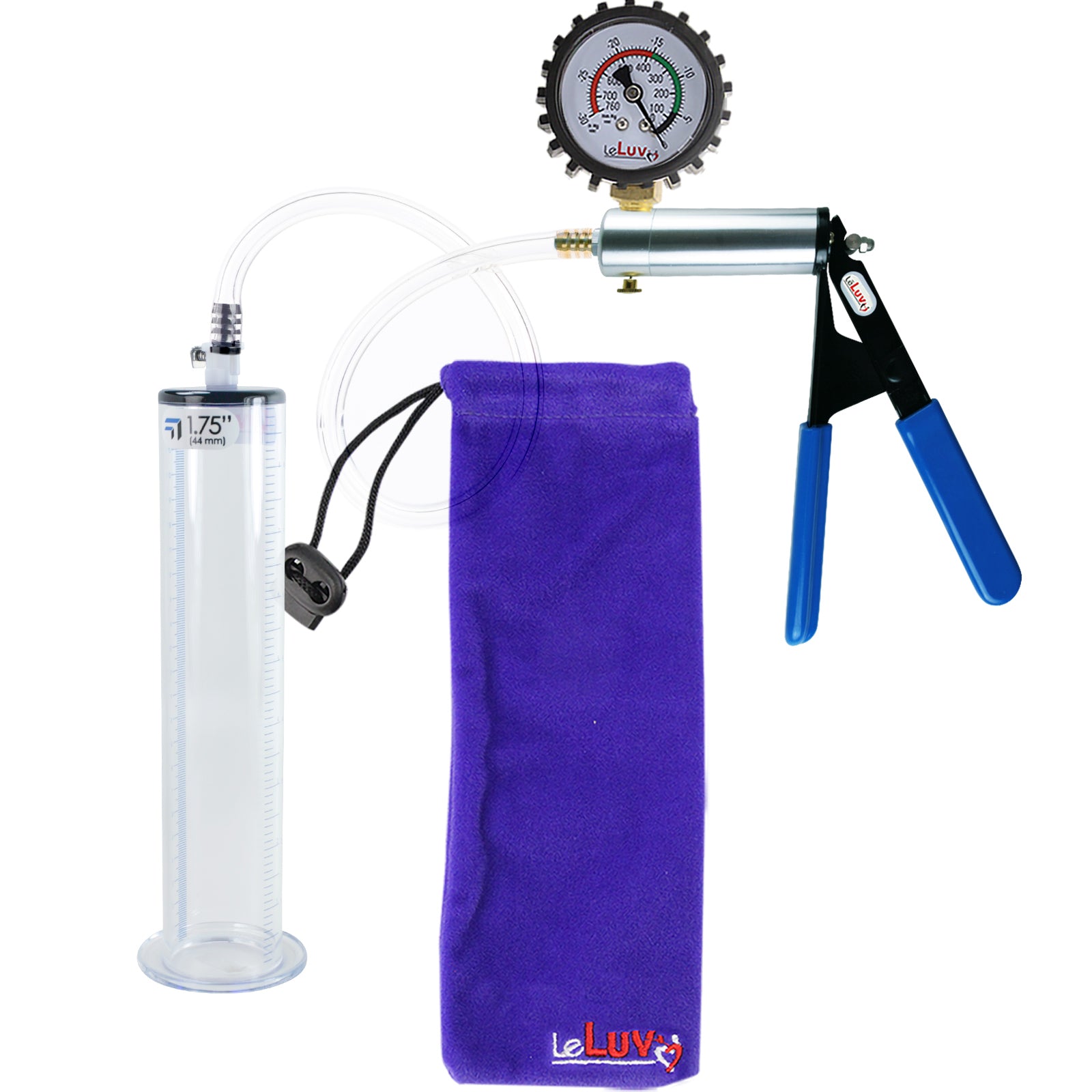 Ultima Silver Blue Penis Pump | Rubber Grip, Clear Hose + Protected Gauge | 9" Length - 1.75" Diameter WIDE FLANGE Cylinder