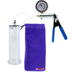 Ultima Silver Blue Penis Pump | Rubber Grip, Clear Hose + Protected Gauge | 9" Length - 2.50" Diameter WIDE FLANGE Cylinder