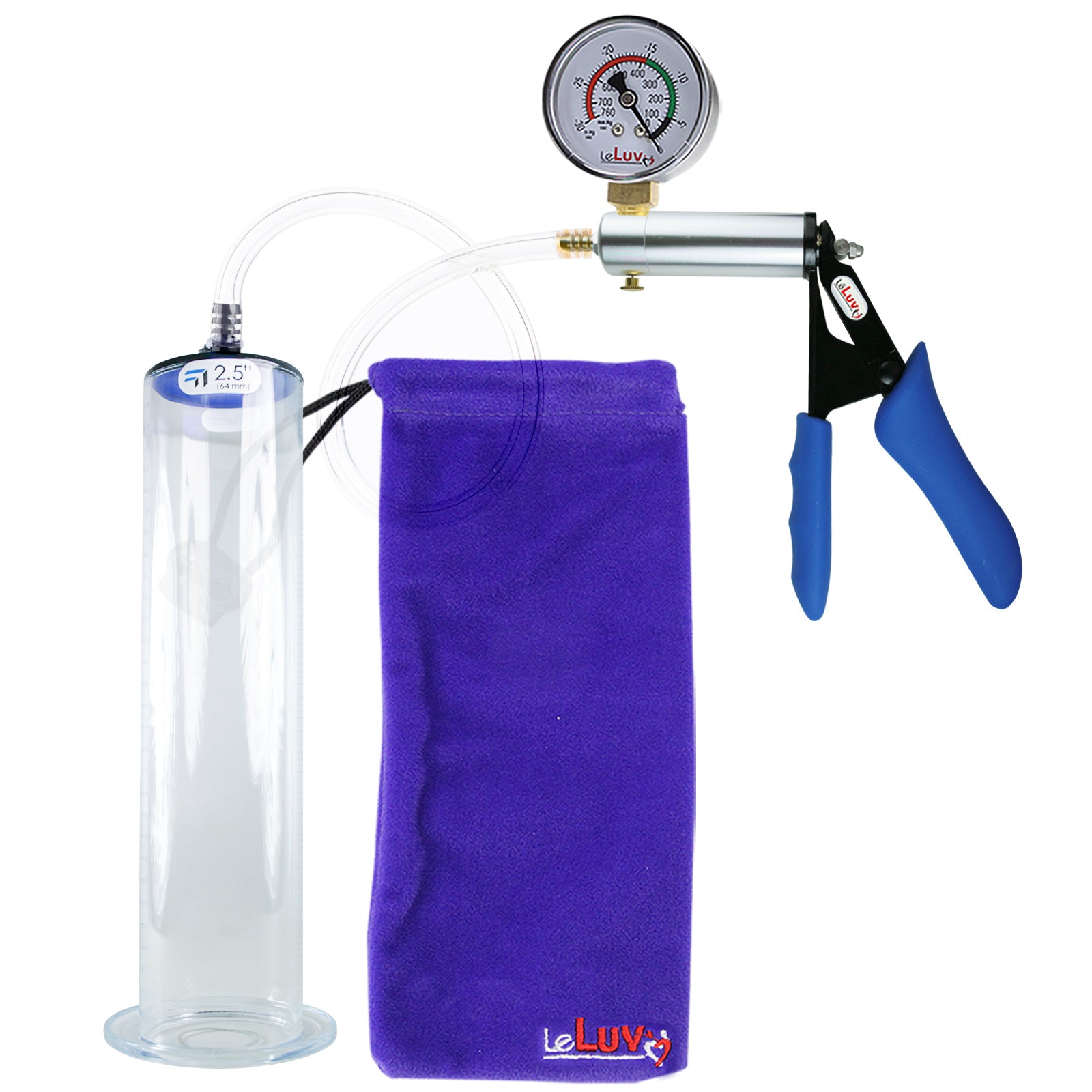 Ultima Silver Blue Penis Pump | Silicone Grip, Clear Hose + Gauge | 12" x 2.50" Wide Flange Cylinder