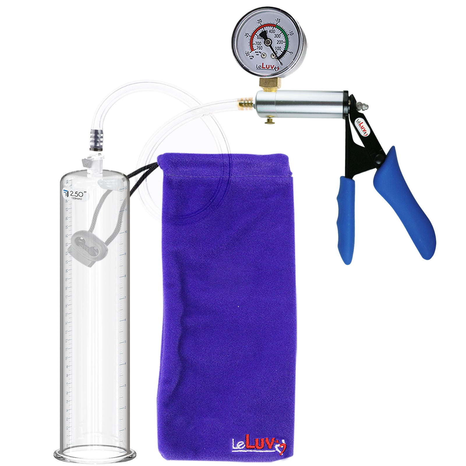 Ultima Silver Blue Penis Pump | Silicone Grip, Clear Hose + Gauge | 12" x 2.50" Cylinder