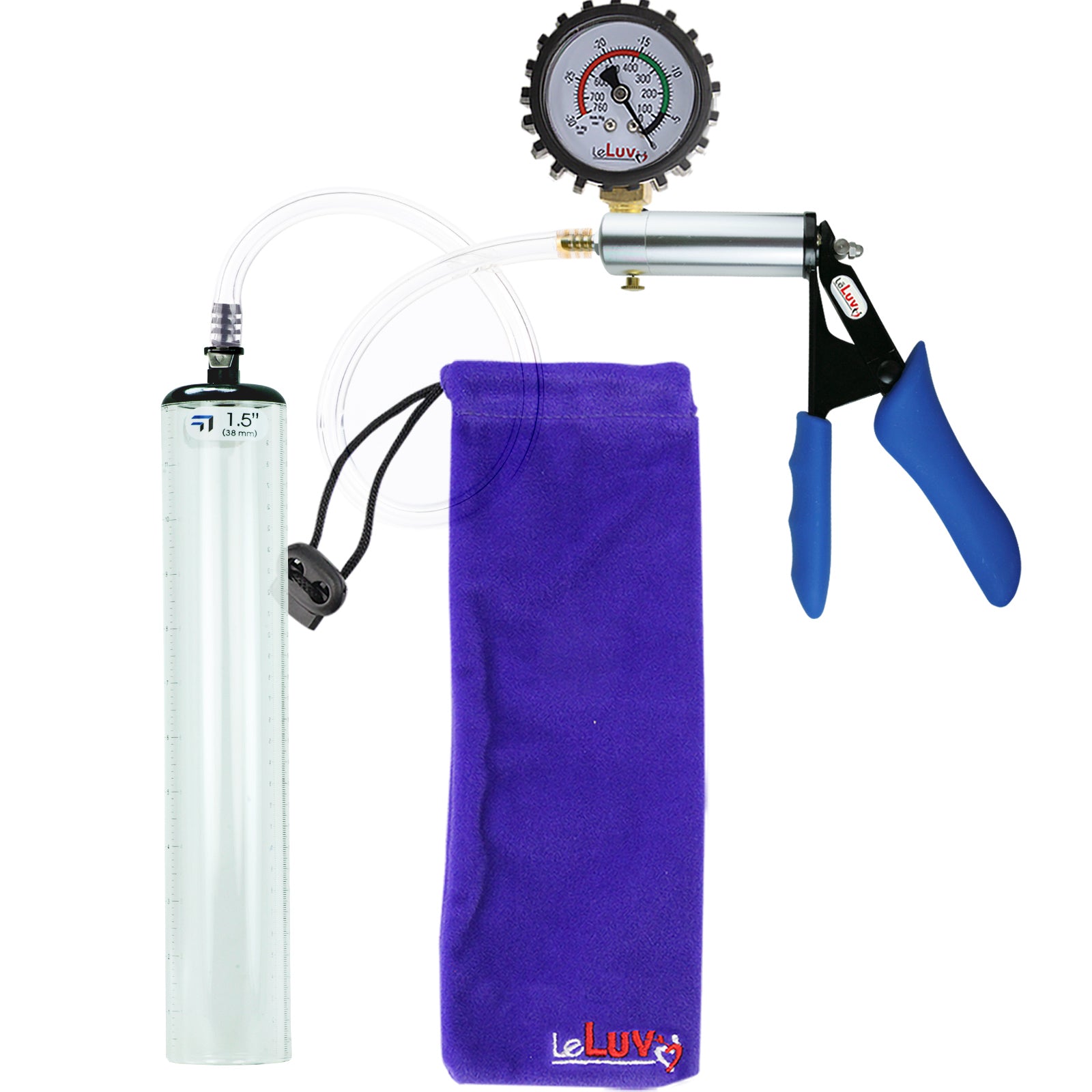 Ultima Silver Blue Penis Pump | Silicone Grip, Clear Hose + Protected Gauge | 12" x 1.5" Thick-Walled Cylinder