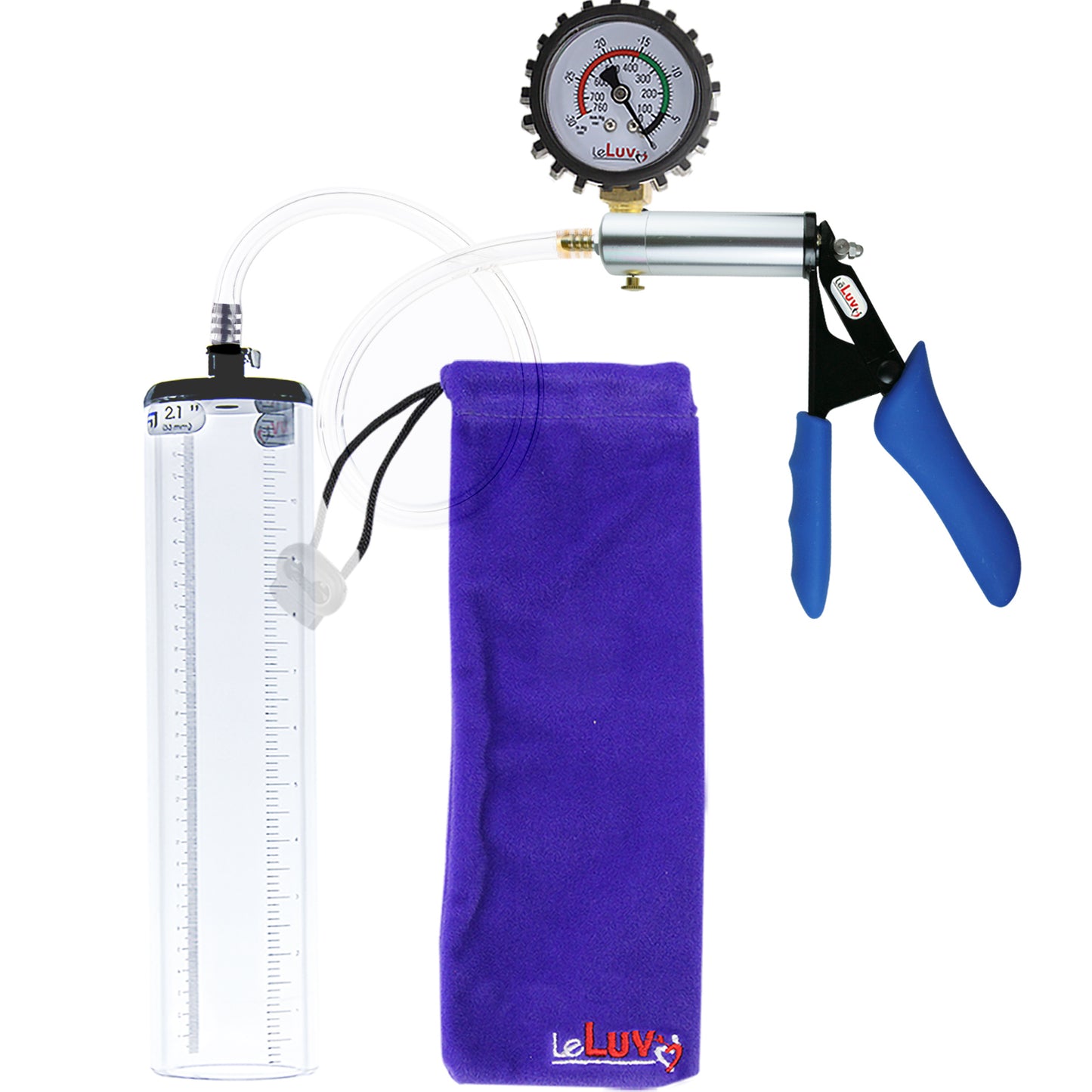 Ultima Silver Blue Penis Pump | Silicone Grip, Clear Hose + Protected Gauge | 12" x 2.1" Thick-Walled Cylinder