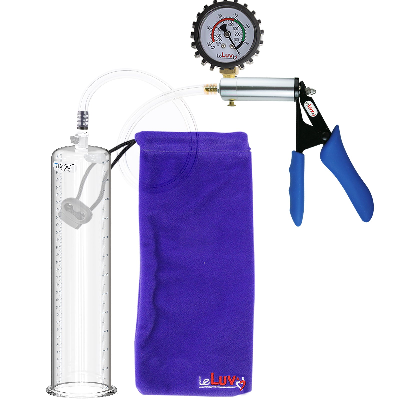 Ultima Silver Blue Penis Pump | Silicone Grip, Clear Hose + Protected Gauge | 12" x 2.50"