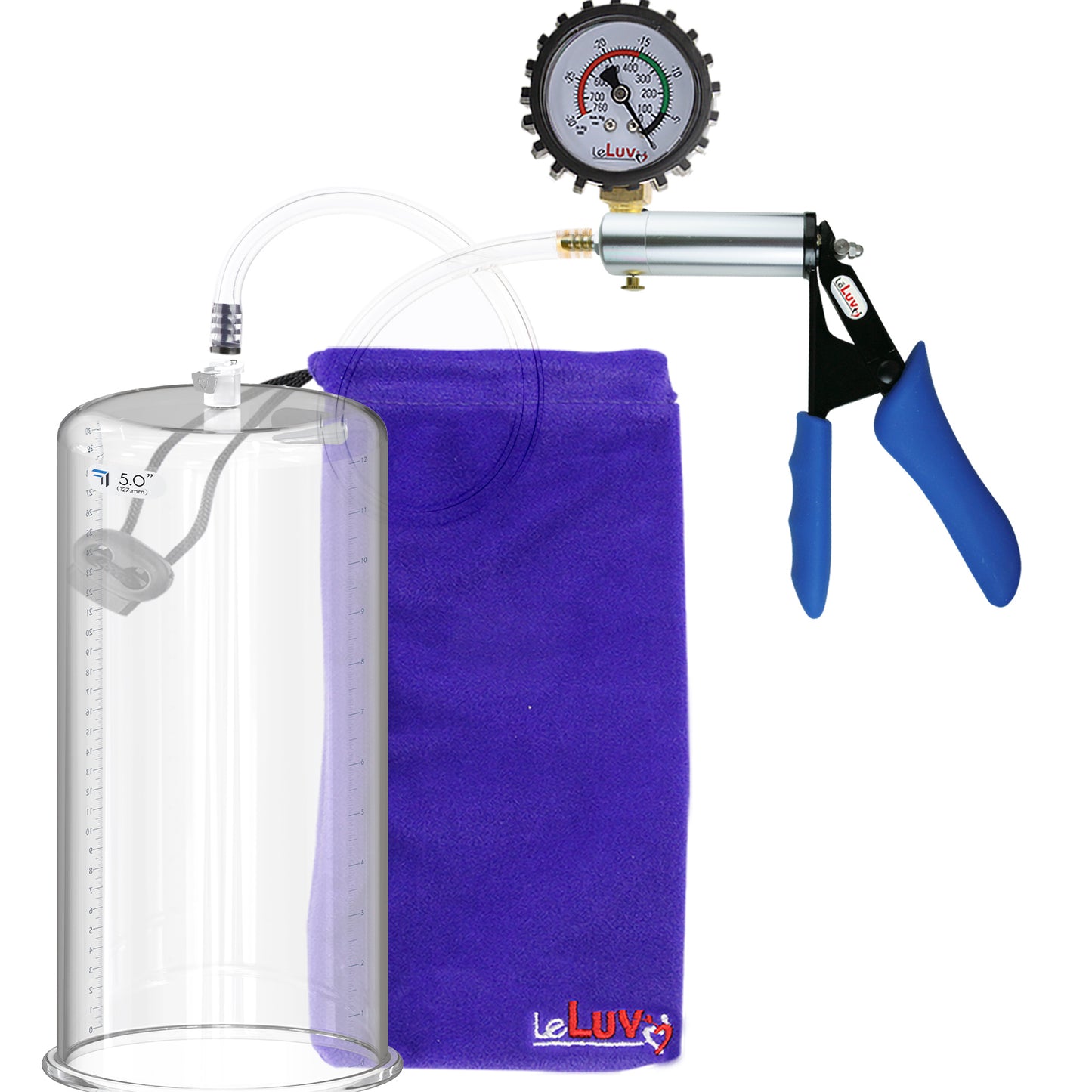Ultima Silver Blue Penis Pump | Silicone Grip, Clear Hose + Protected Gauge | 12" x 5.00" Cylinder