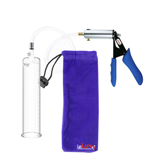 LeLuv® Ultima Penis Pump - Silver Handle with Blue Silicone Grips, Clear Hose - Rounded Flange Cylinder