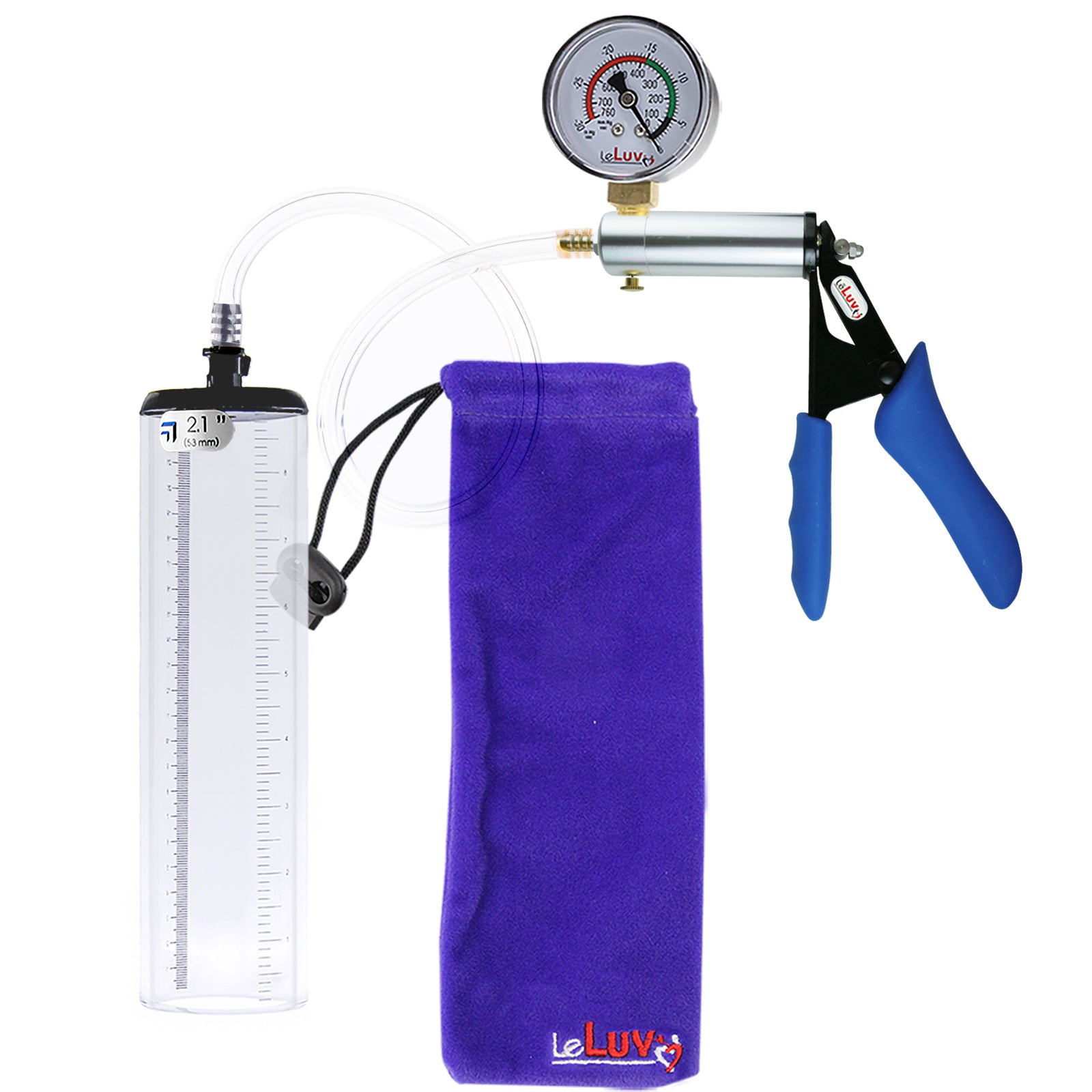 Ultima Silver Blue Penis Pump | Silicone Grip, Clear Hose + Gauge | 9" x 2.1" Thick-Walled Cylinder