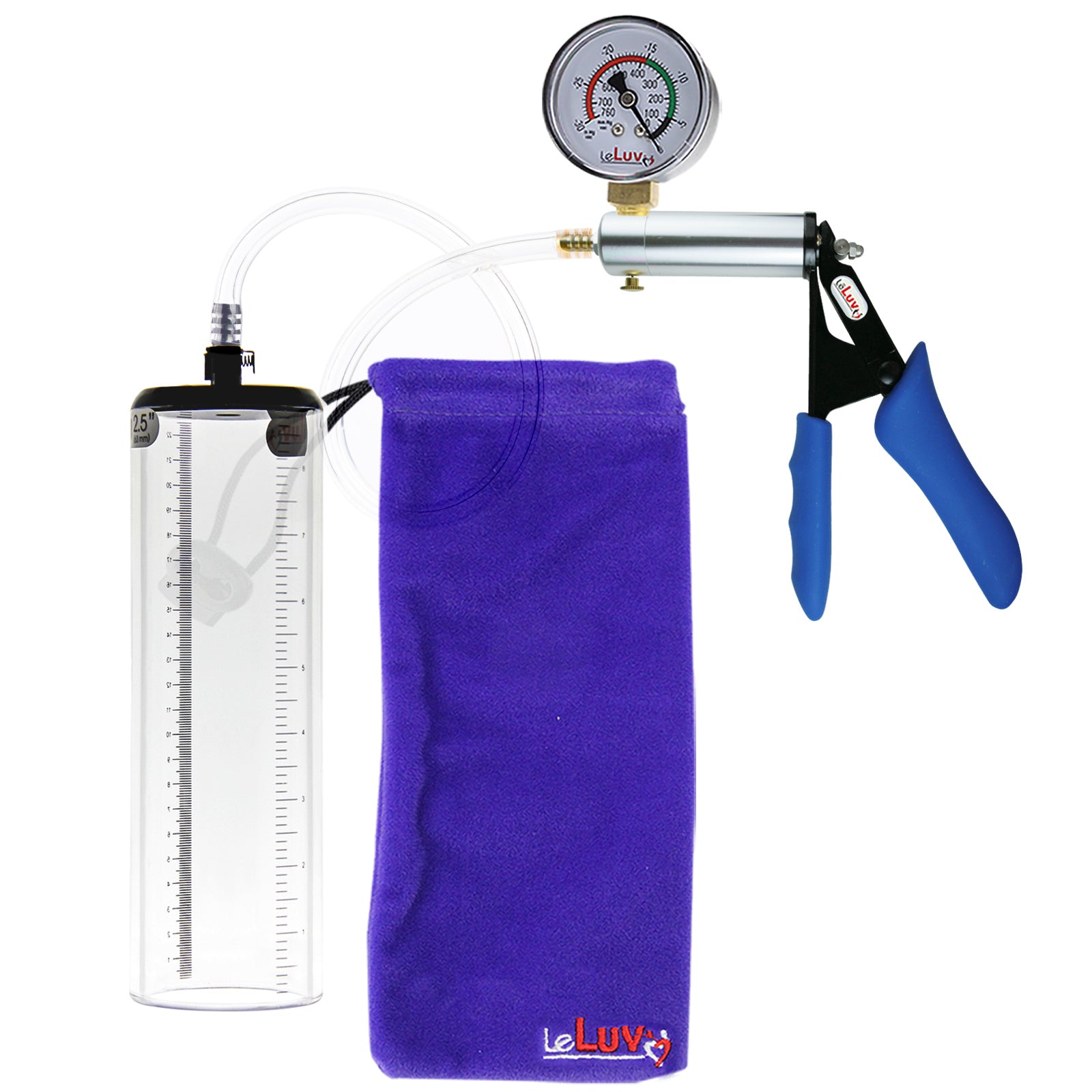 Ultima Silver Blue Penis Pump | Silicone Grip, Clear Hose + Gauge | 9" x 2.5" Thick-Walled Cylinder