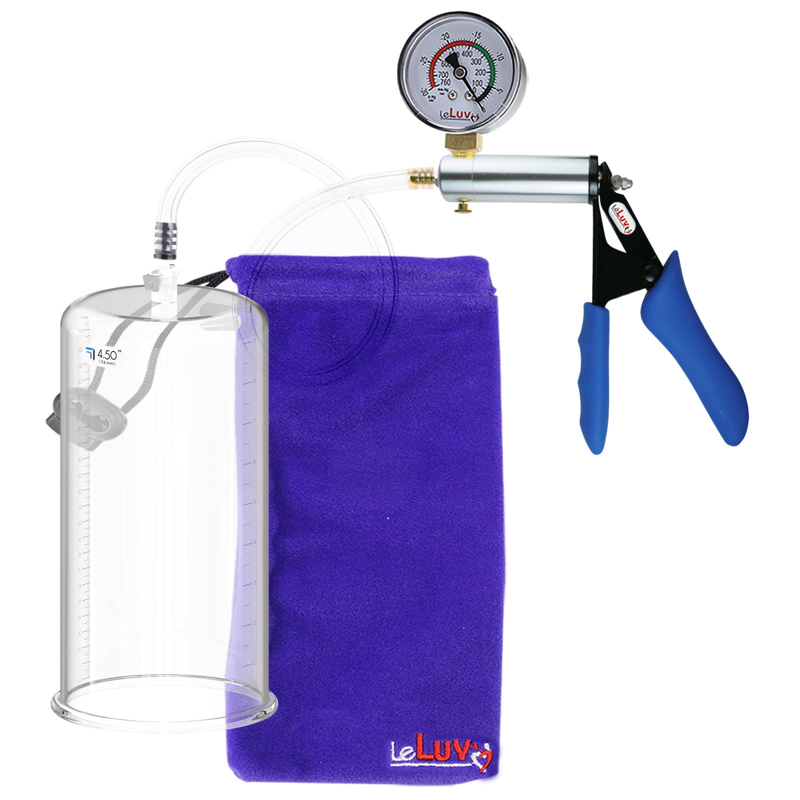 Ultima Silver Blue Penis Pump | Silicone Grip, Clear Hose + Gauge | 9" x 4.50" Cylinder