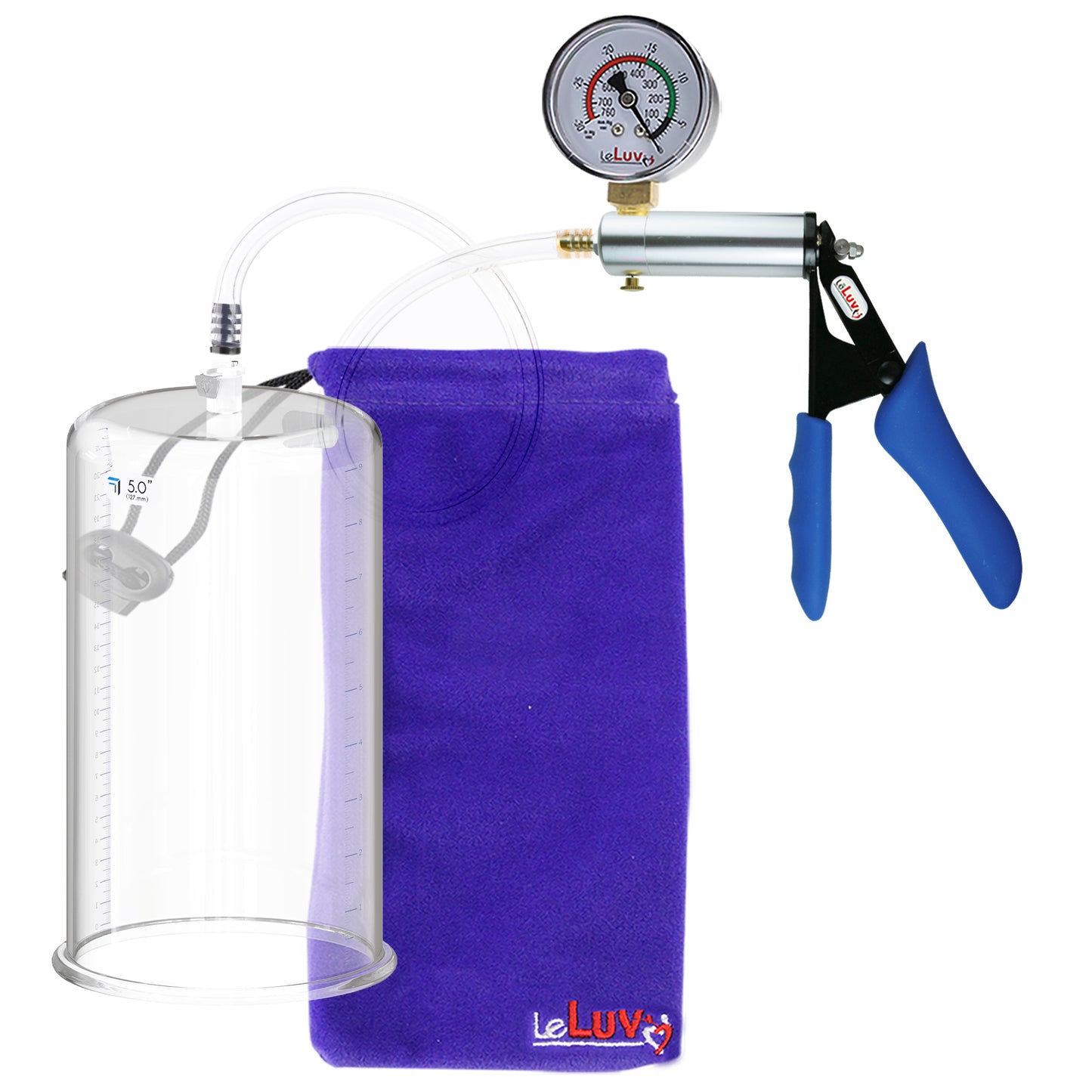 Ultima Silver Blue Penis Pump | Silicone Grip, Clear Hose + Gauge | 9" x 5.00" Cylinder